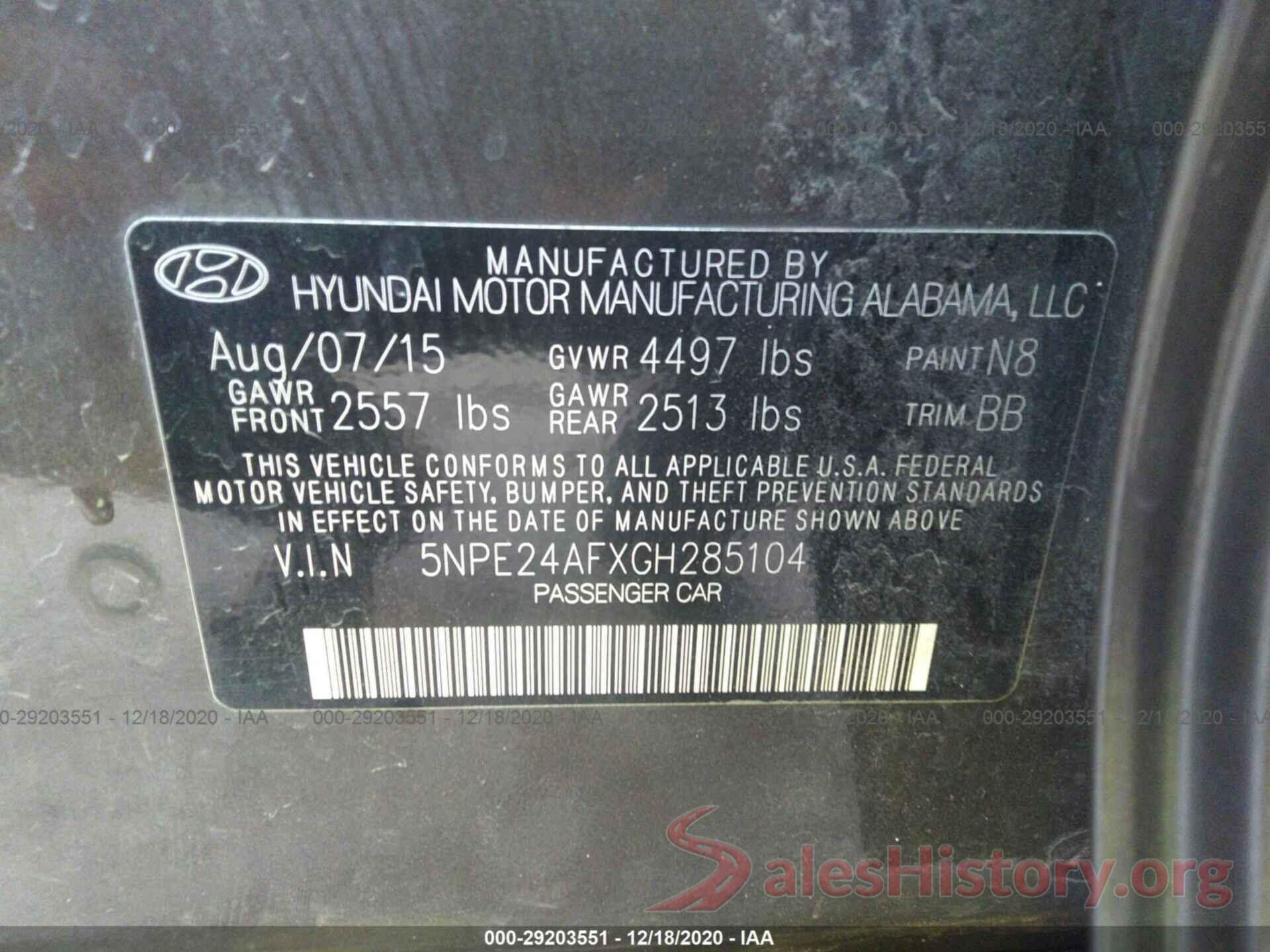 5NPE24AFXGH285104 2016 HYUNDAI SONATA