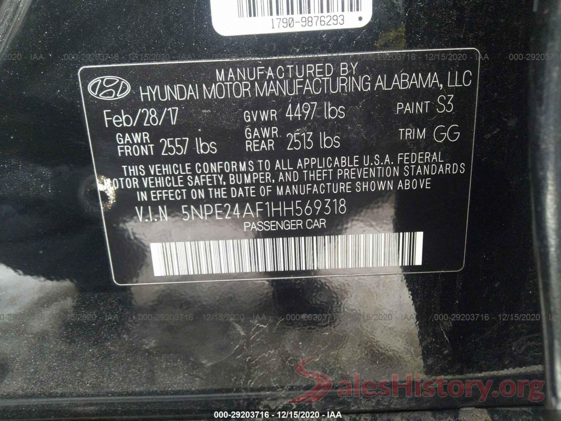 5NPE24AF1HH569318 2017 HYUNDAI SONATA