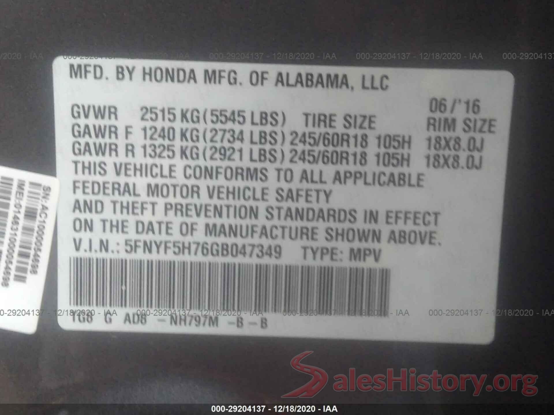 5FNYF5H76GB047349 2016 HONDA PILOT