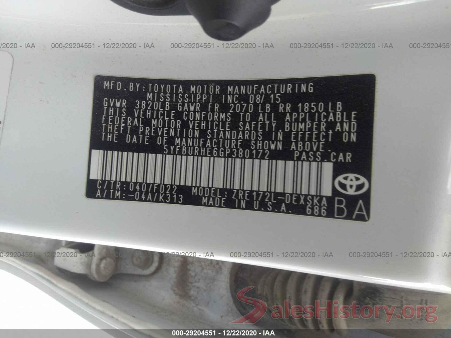 5YFBURHE6GP380172 2016 TOYOTA COROLLA