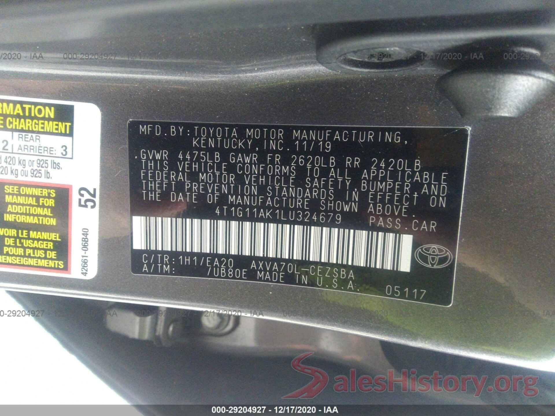 4T1G11AK1LU324679 2020 TOYOTA CAMRY