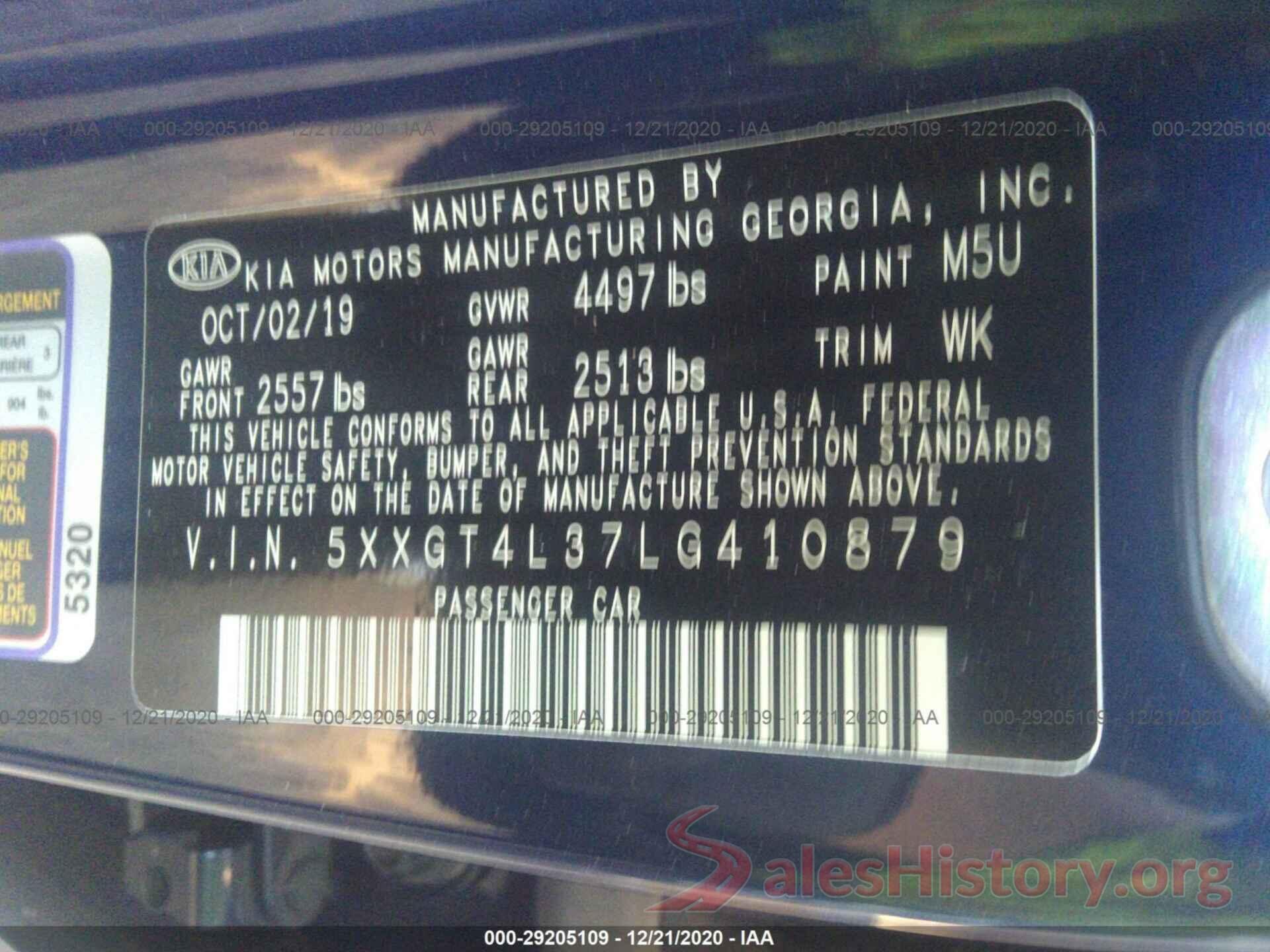 5XXGT4L37LG410879 2020 KIA OPTIMA