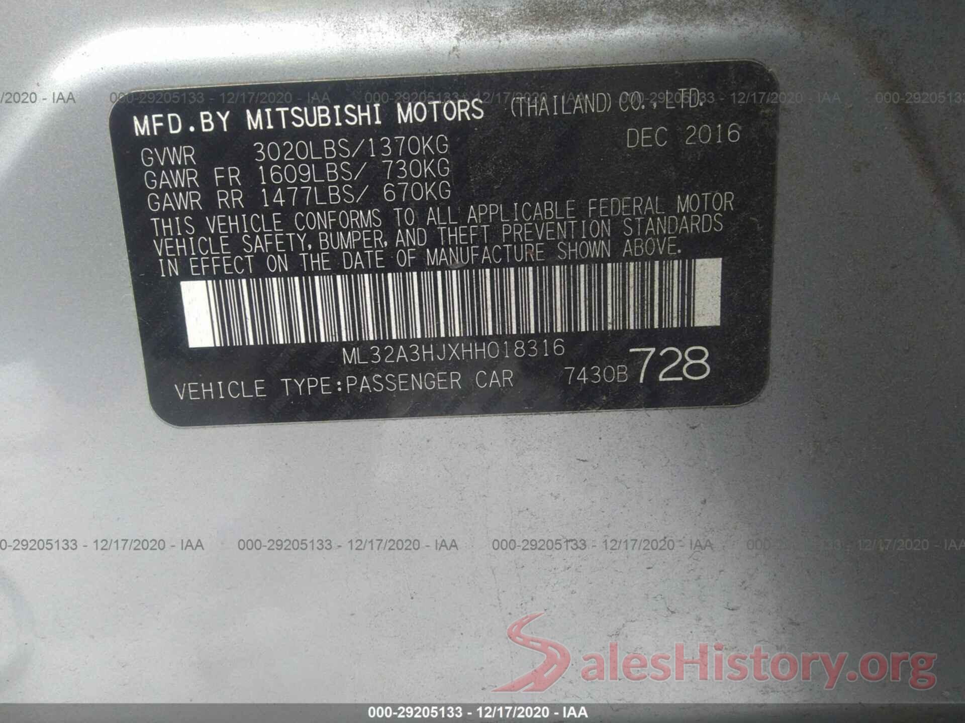 ML32A3HJXHH018316 2017 MITSUBISHI MIRAGE