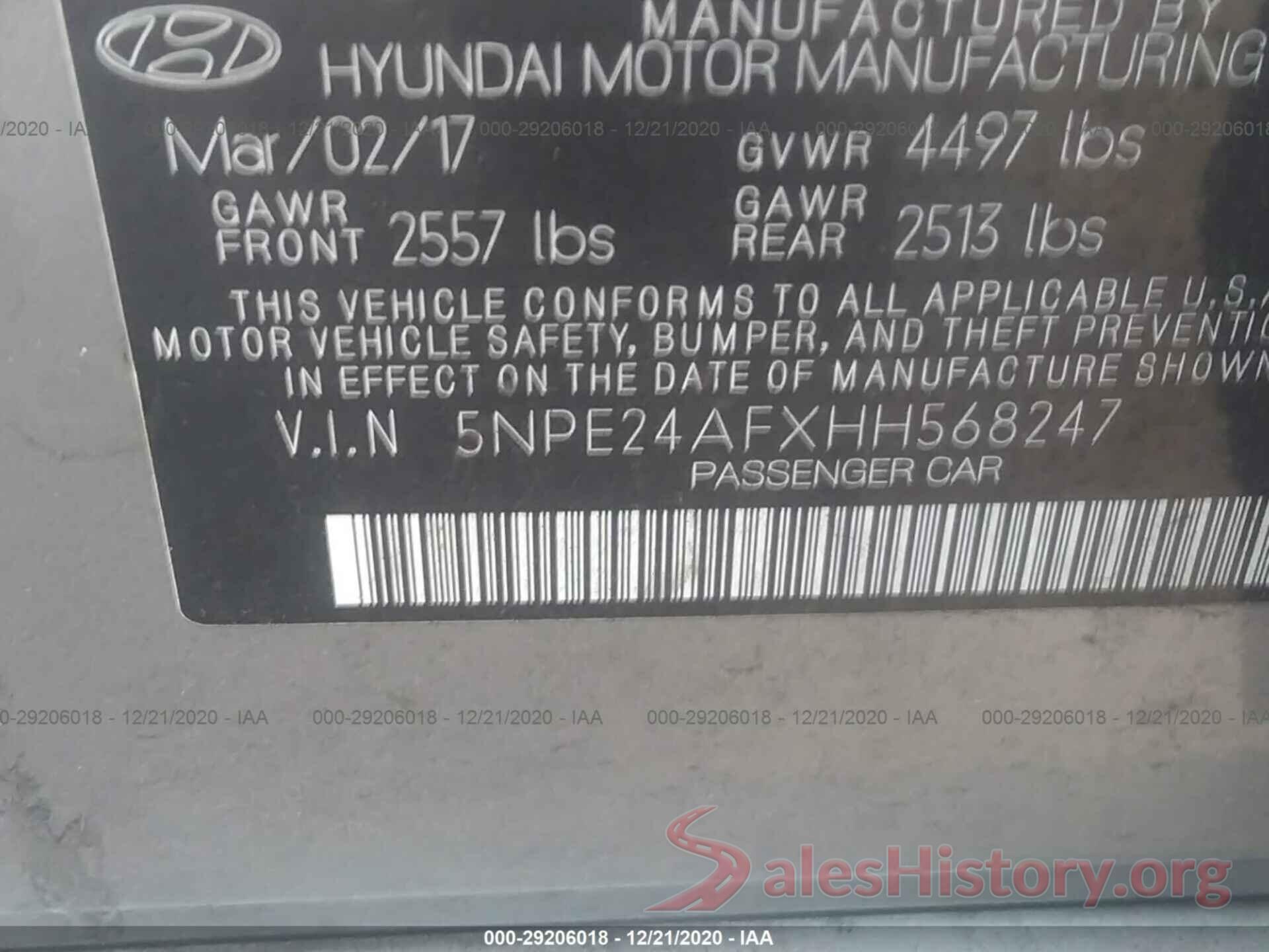 5NPE24AFXHH568247 2017 HYUNDAI SONATA