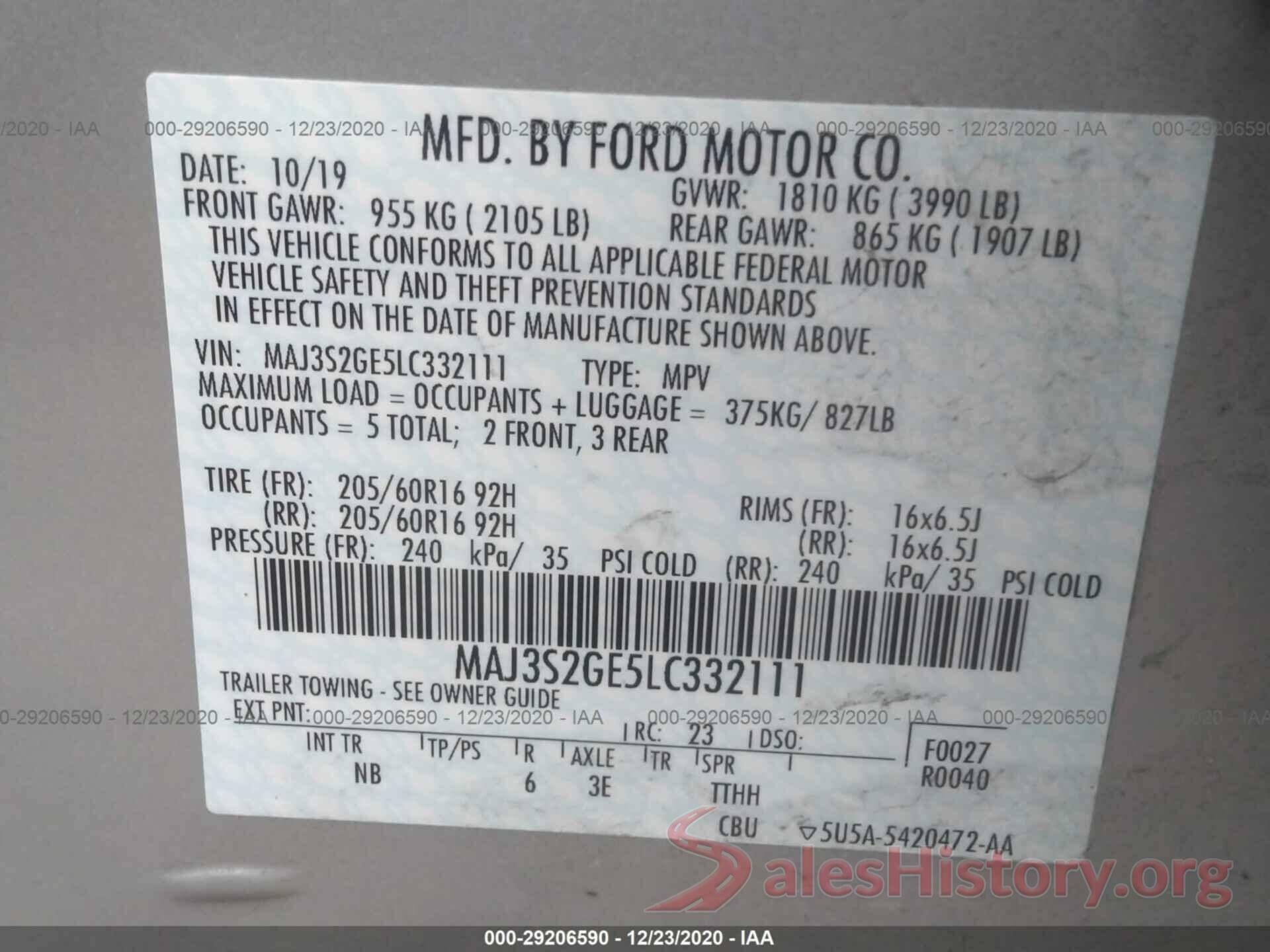 MAJ3S2GE5LC332111 2020 FORD ECOSPORT