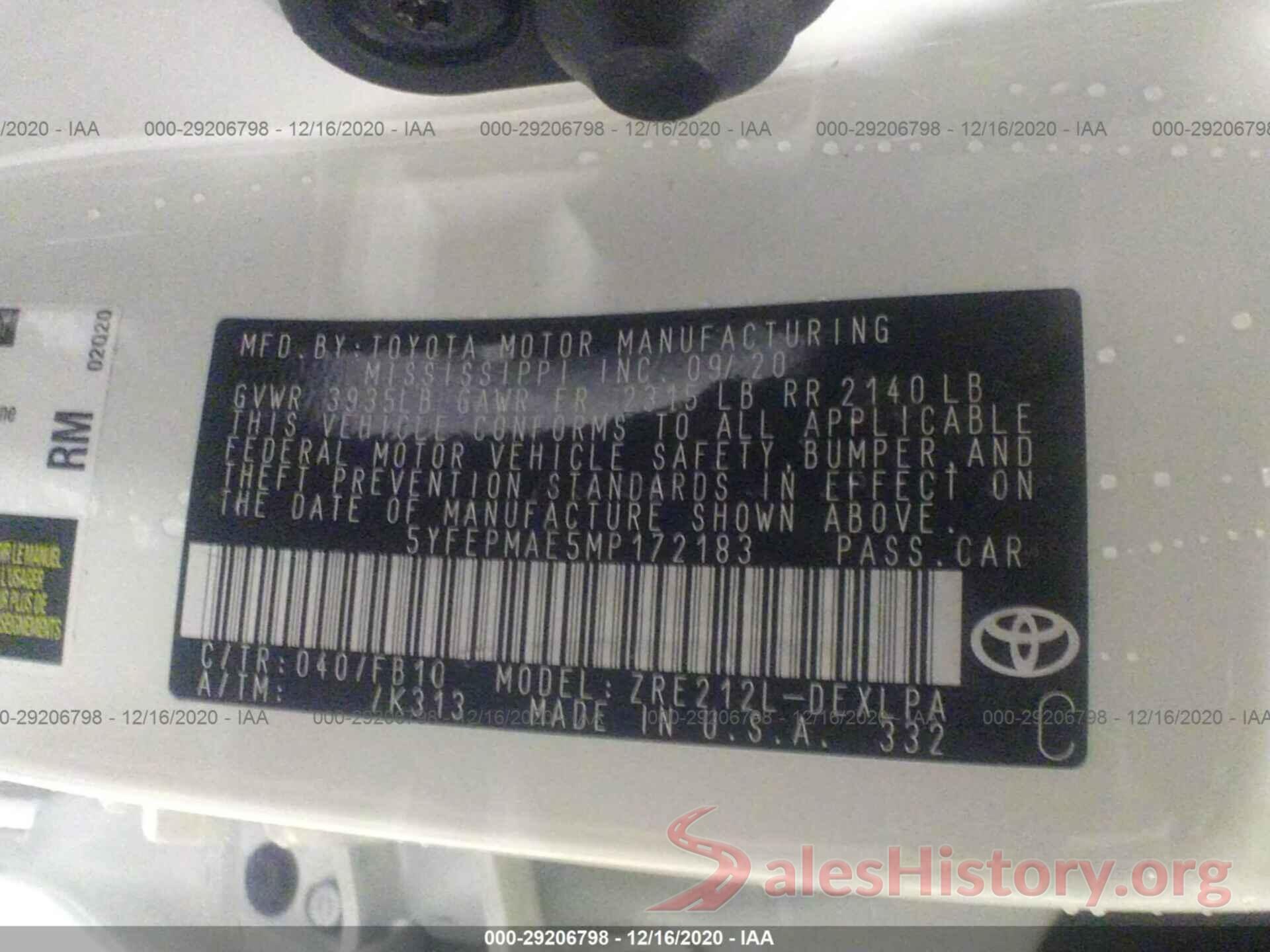 5YFEPMAE5MP172183 2021 TOYOTA COROLLA