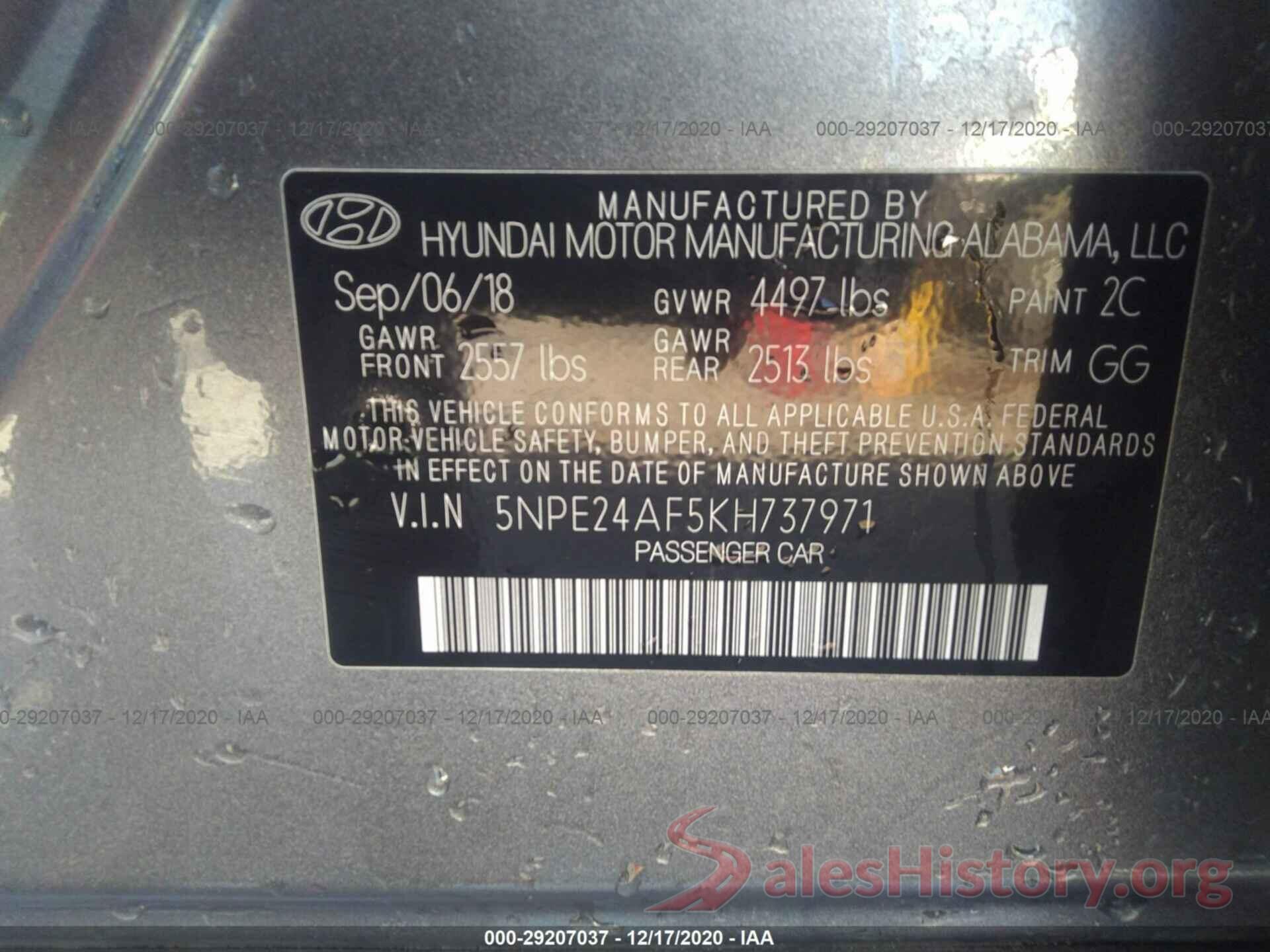 5NPE24AF5KH737971 2019 HYUNDAI SONATA