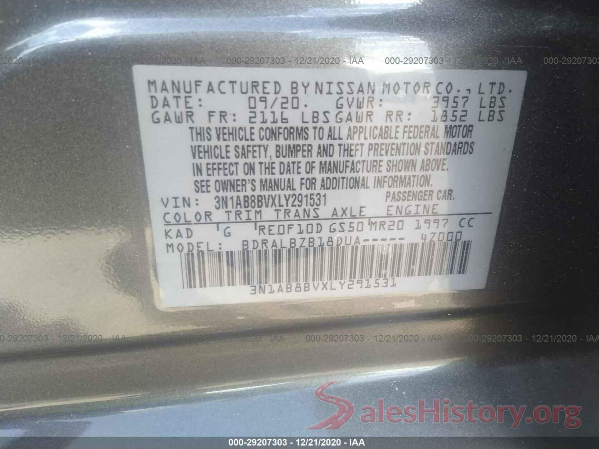 3N1AB8BVXLY291531 2020 NISSAN SENTRA