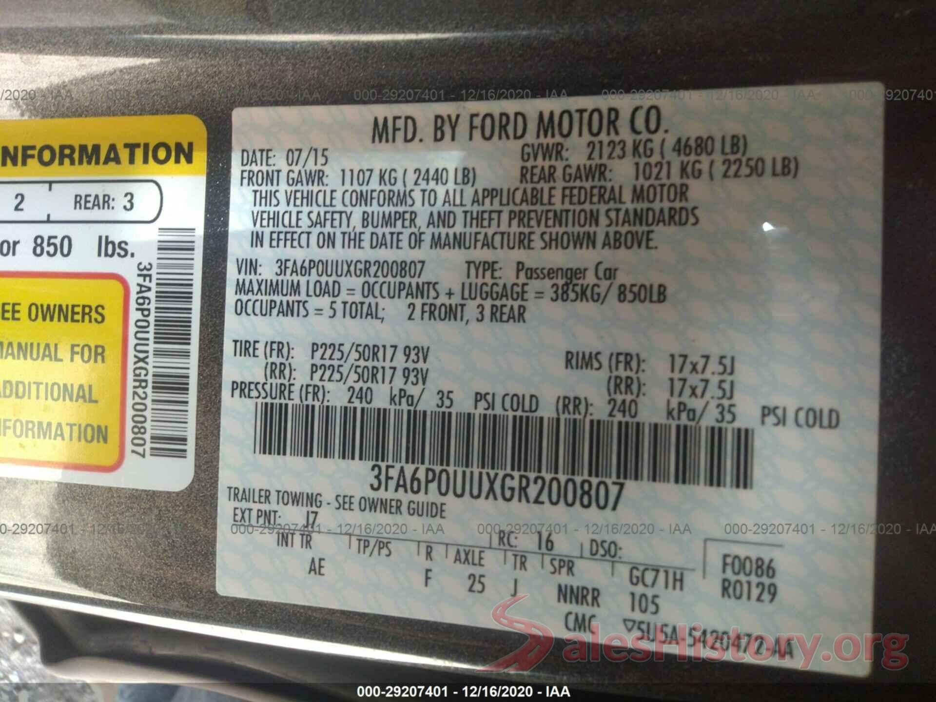 3FA6P0UUXGR200807 2016 FORD FUSION