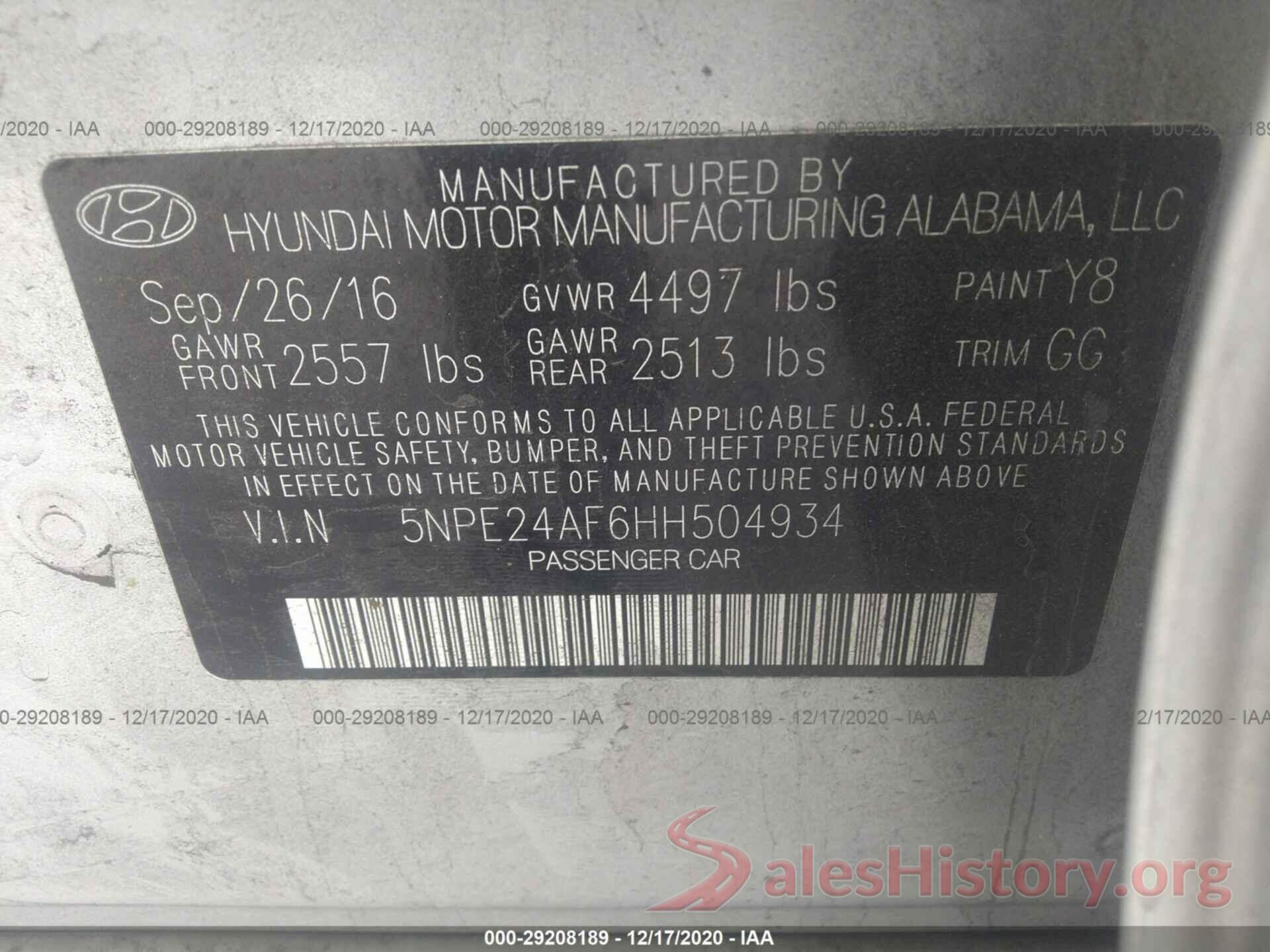 5NPE24AF6HH504934 2017 HYUNDAI SONATA