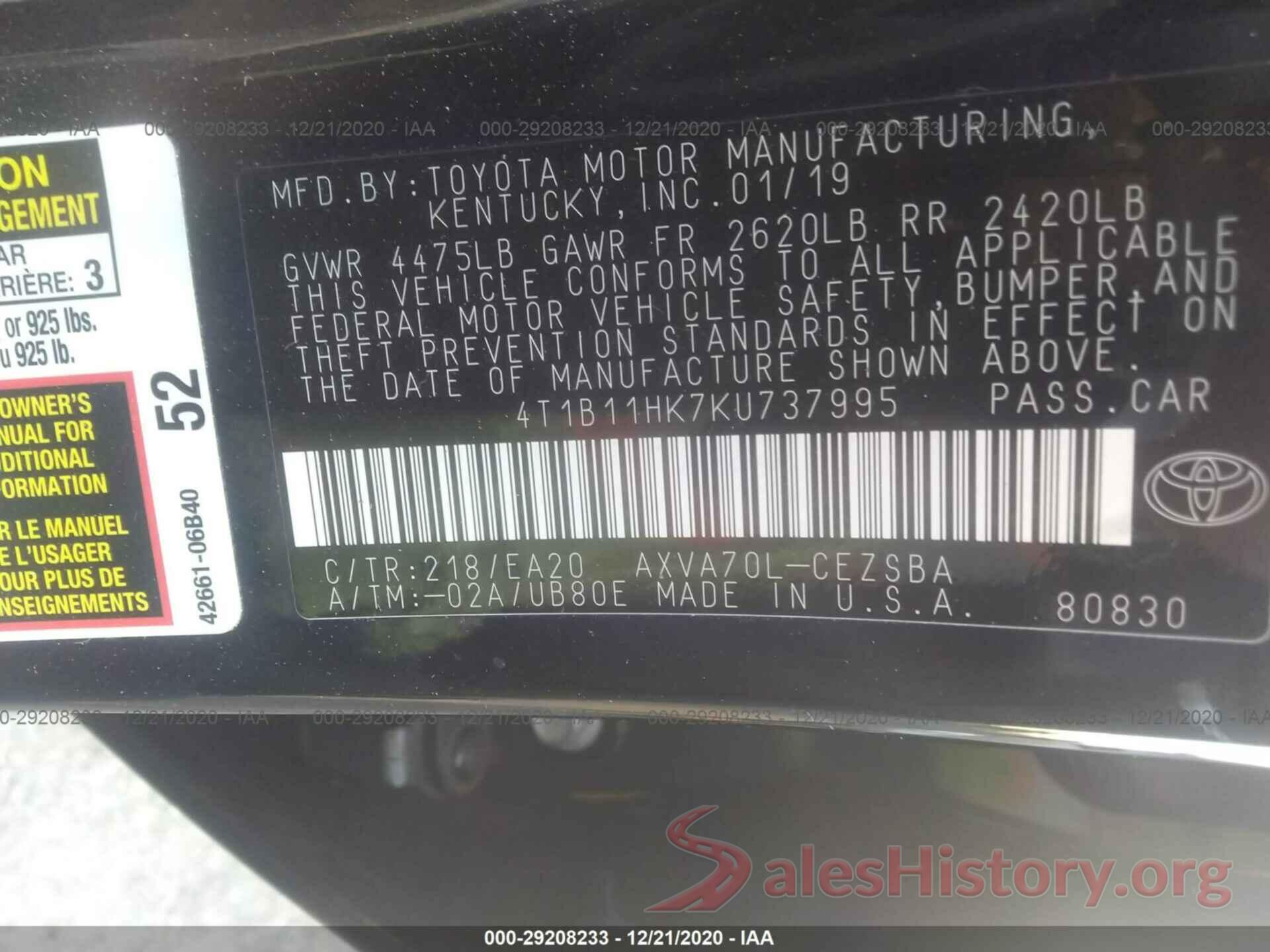 4T1B11HK7KU737995 2019 TOYOTA CAMRY