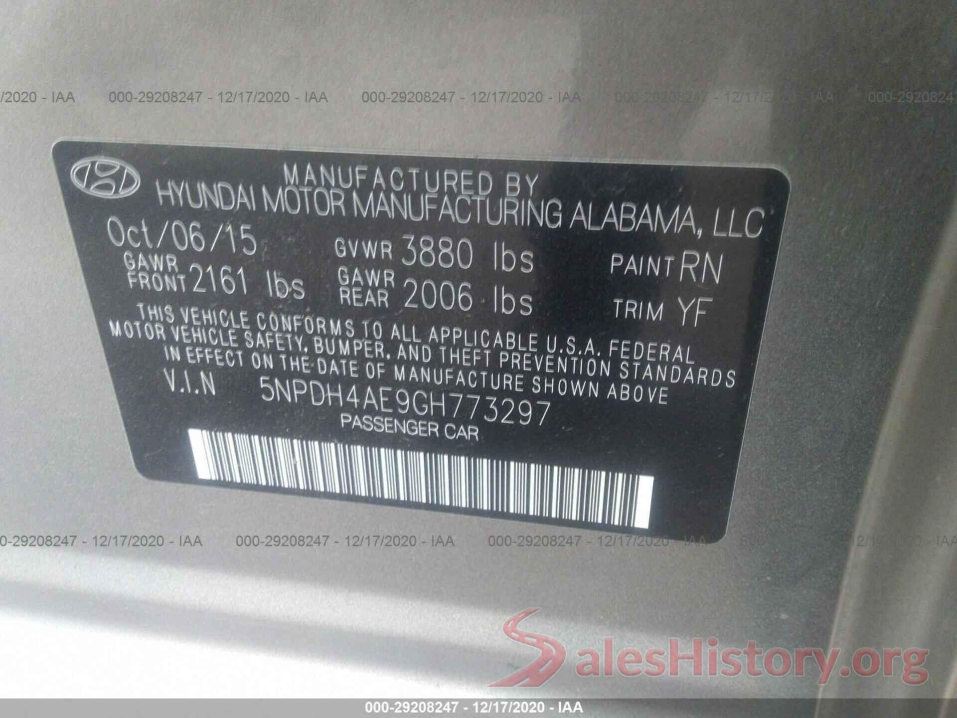 5NPDH4AE9GH773297 2016 HYUNDAI ELANTRA