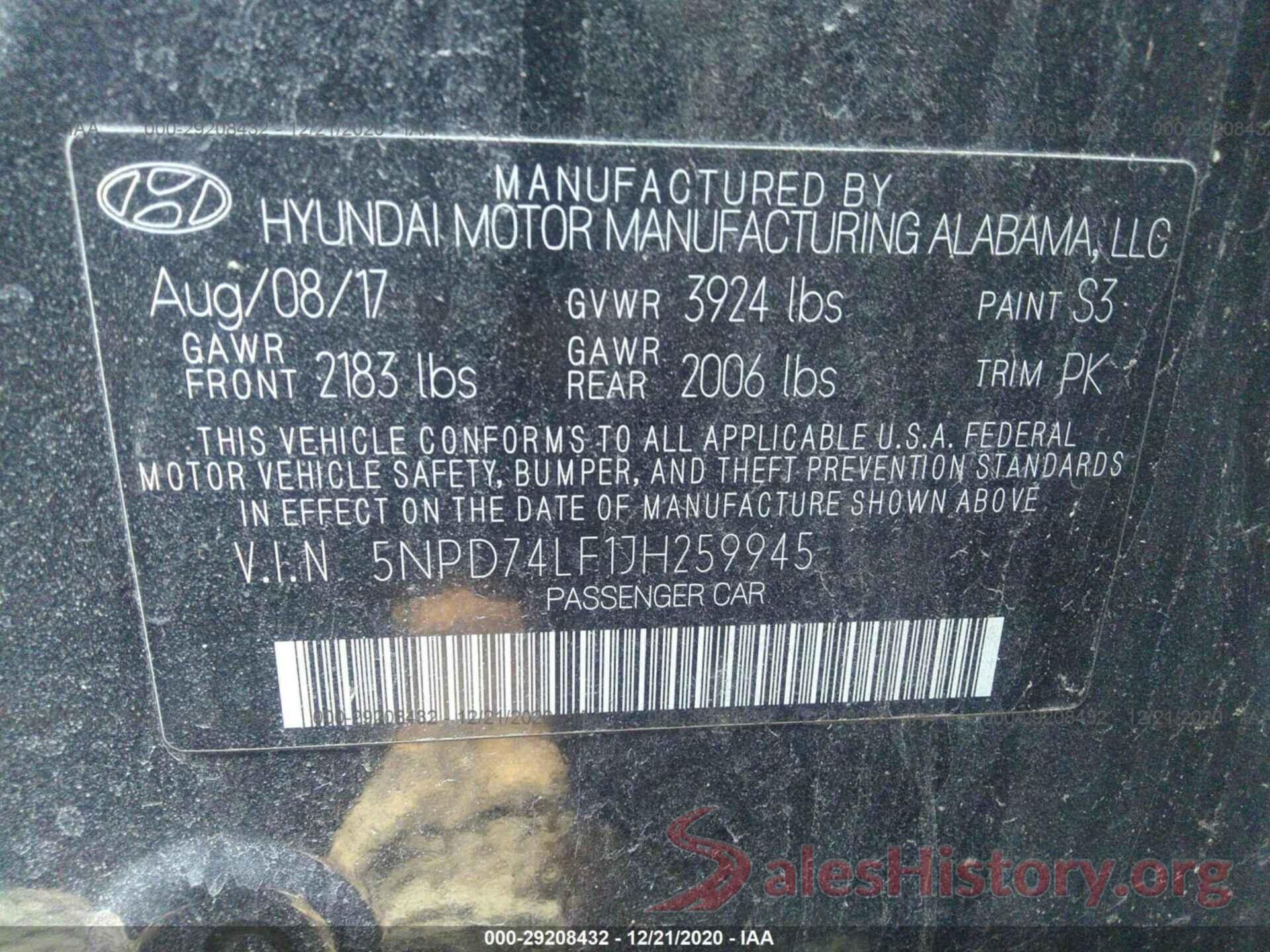 5NPD74LF1JH259945 2018 HYUNDAI ELANTRA