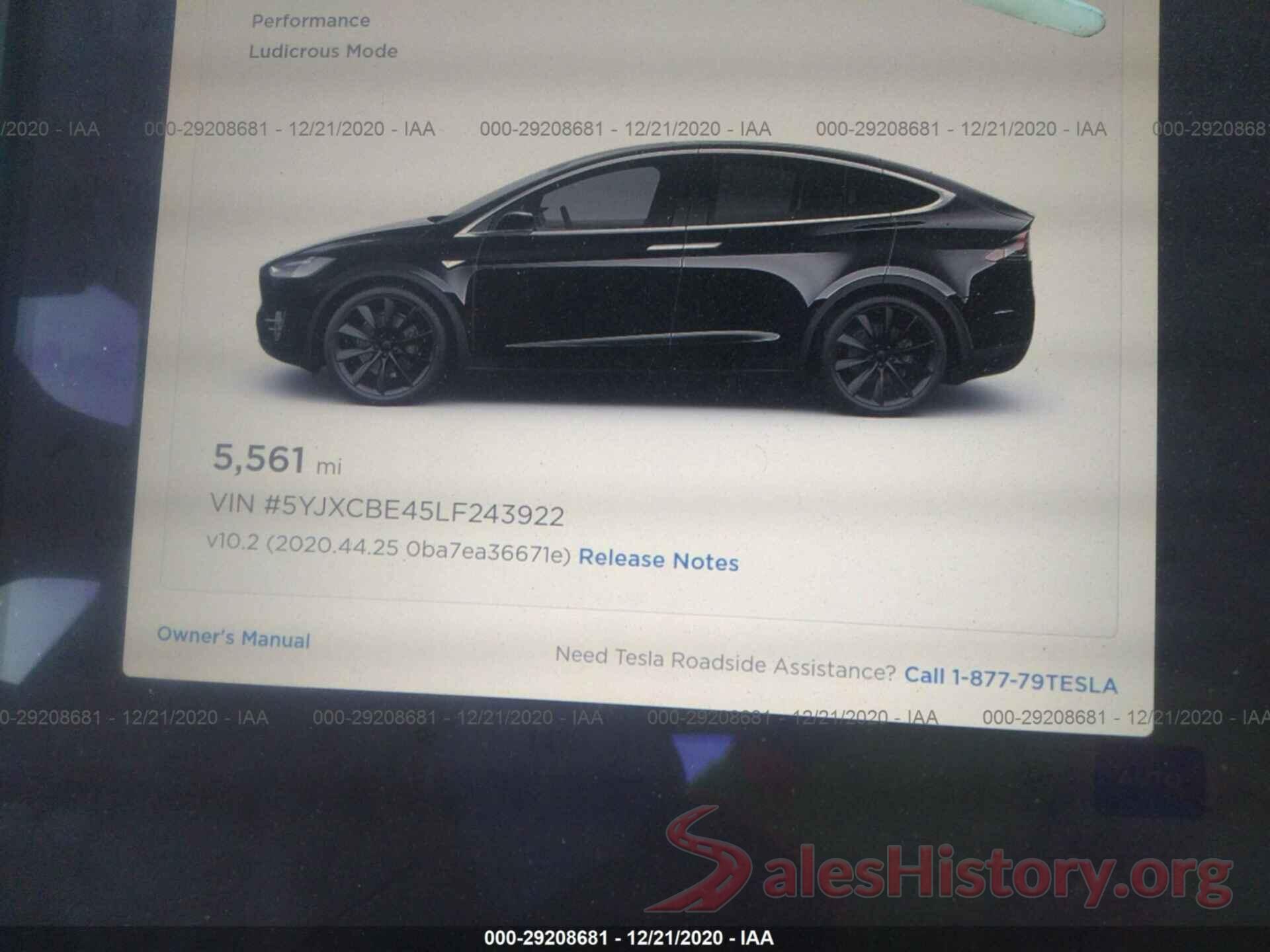 5YJXCBE45LF243922 2020 TESLA MODEL X