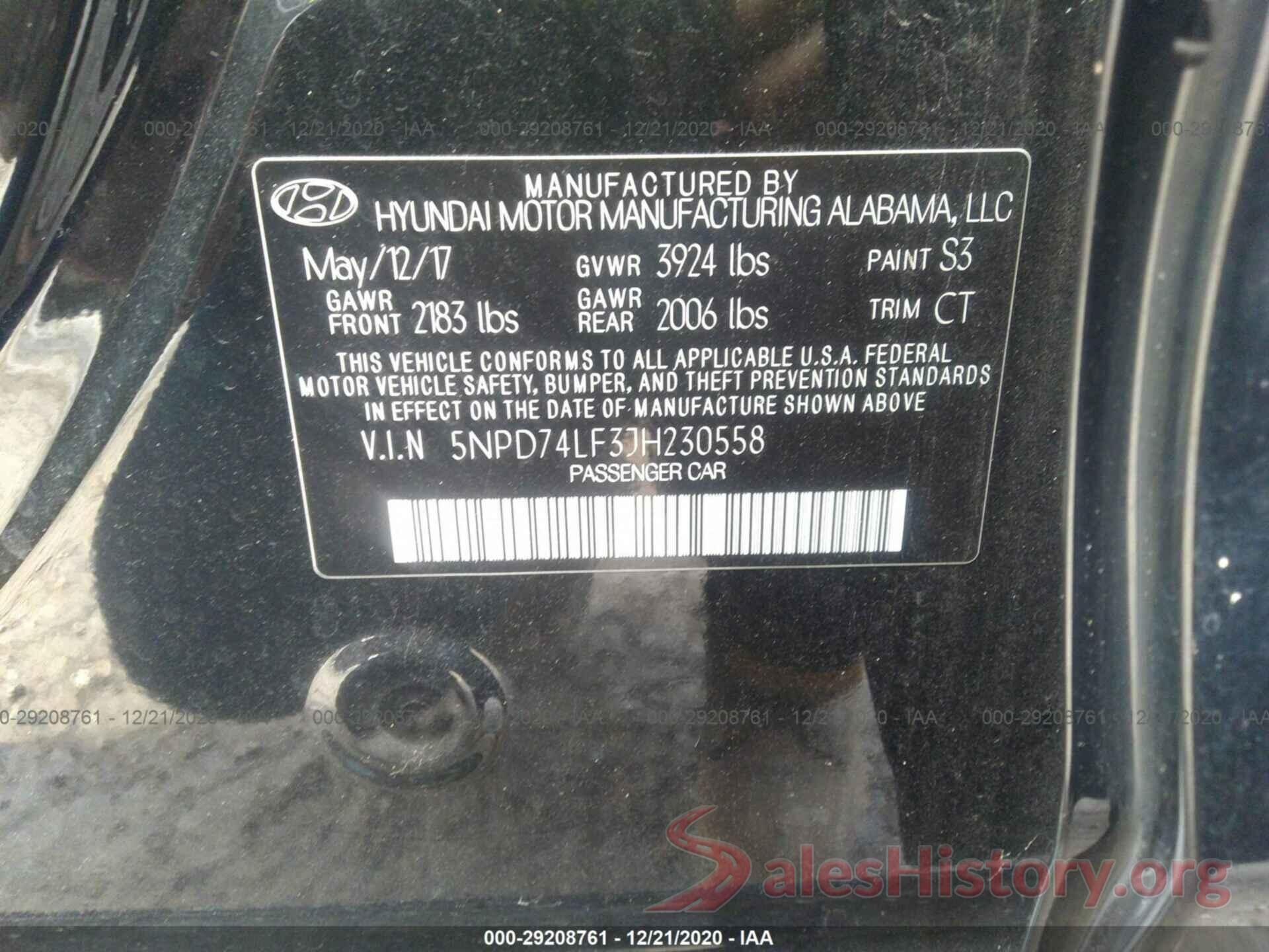 5NPD74LF3JH230558 2018 HYUNDAI ELANTRA