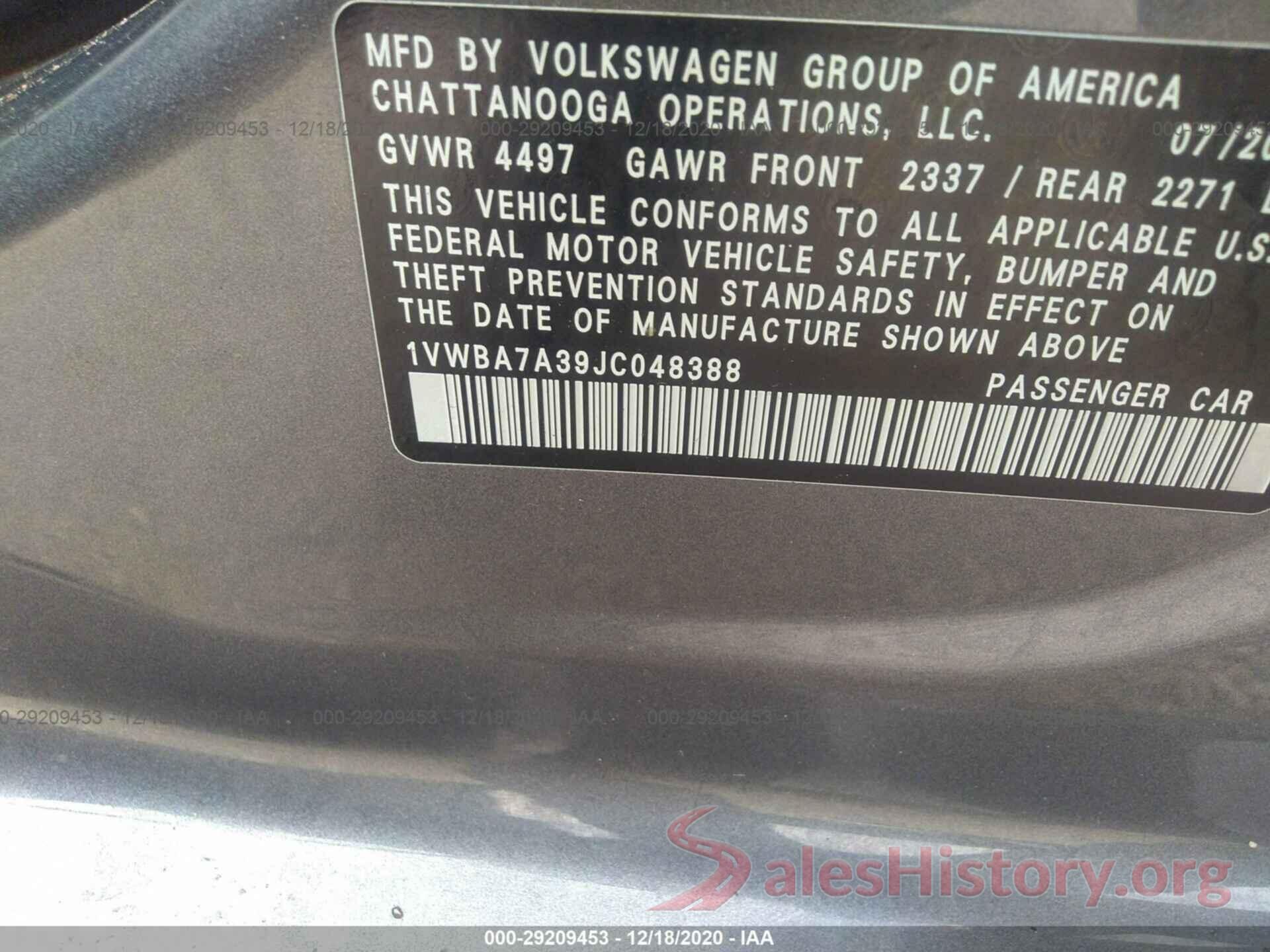 1VWBA7A39JC048388 2018 VOLKSWAGEN PASSAT