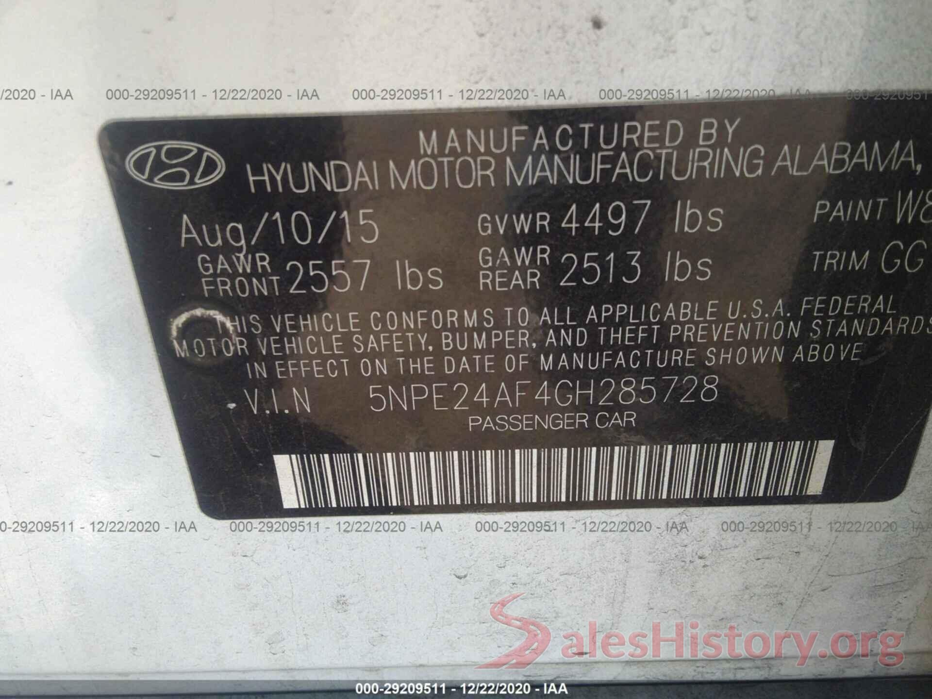 5NPE24AF4GH285728 2016 HYUNDAI SONATA