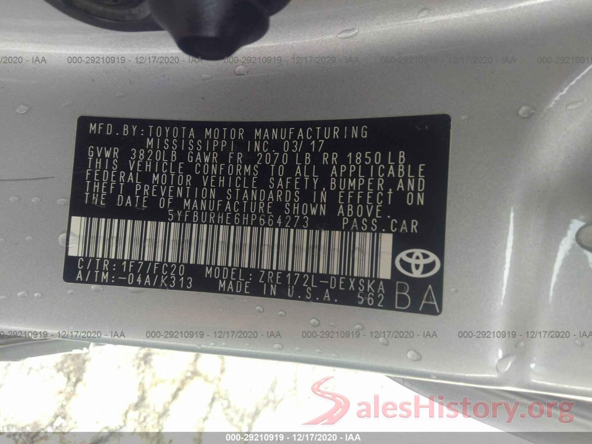 5YFBURHE6HP664273 2017 TOYOTA COROLLA