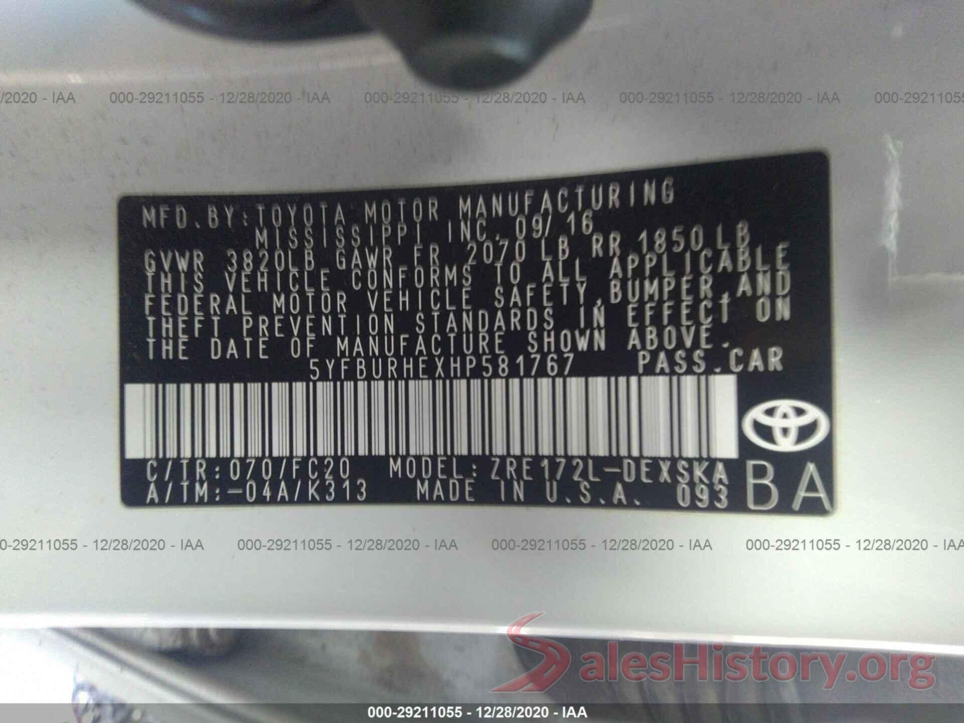 5YFBURHEXHP581767 2017 TOYOTA COROLLA