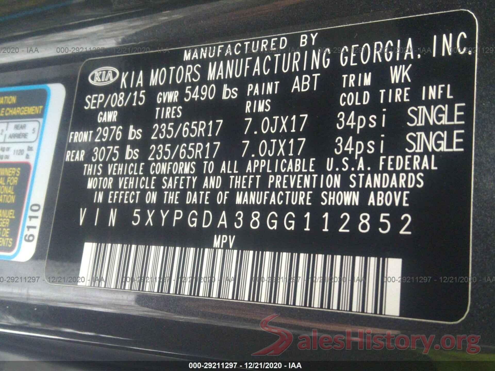 5XYPGDA38GG112852 2016 KIA SORENTO