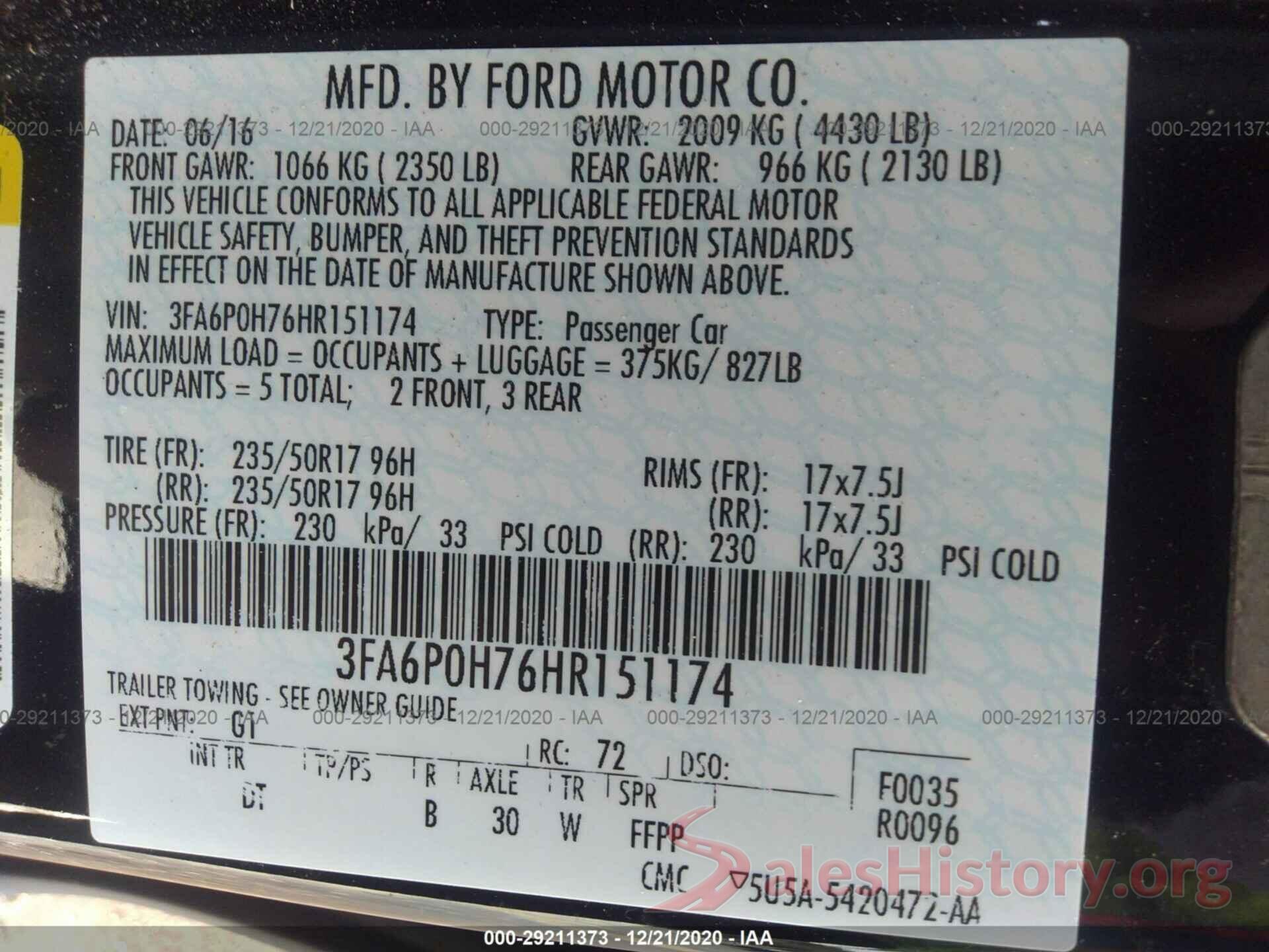 3FA6P0H76HR151174 2017 FORD FUSION