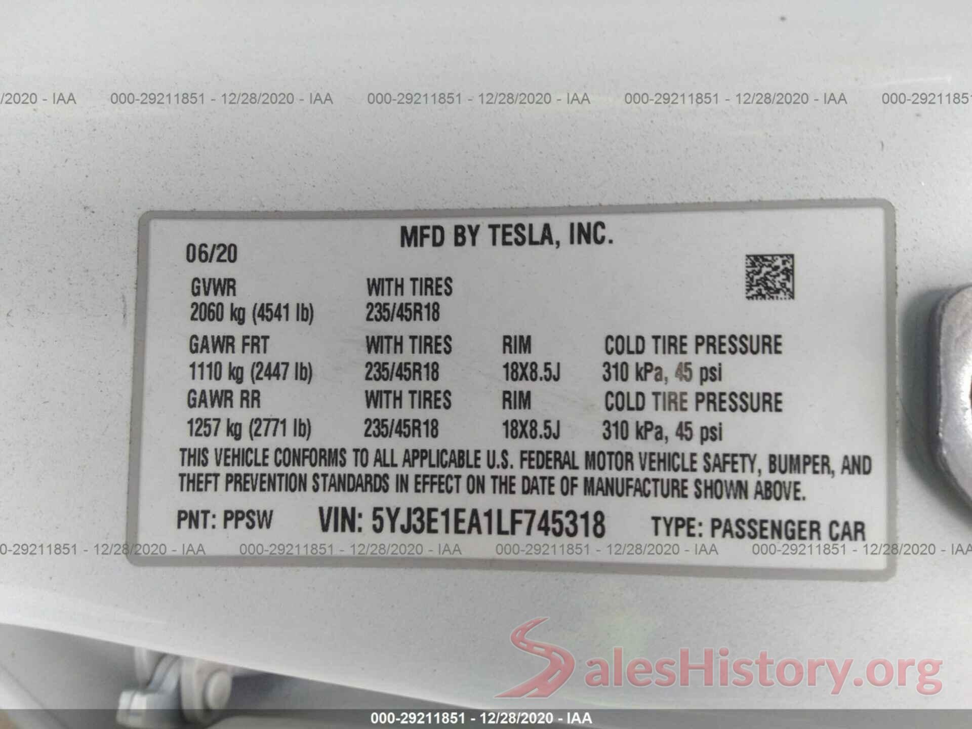 5YJ3E1EA1LF745318 2020 TESLA MODEL 3