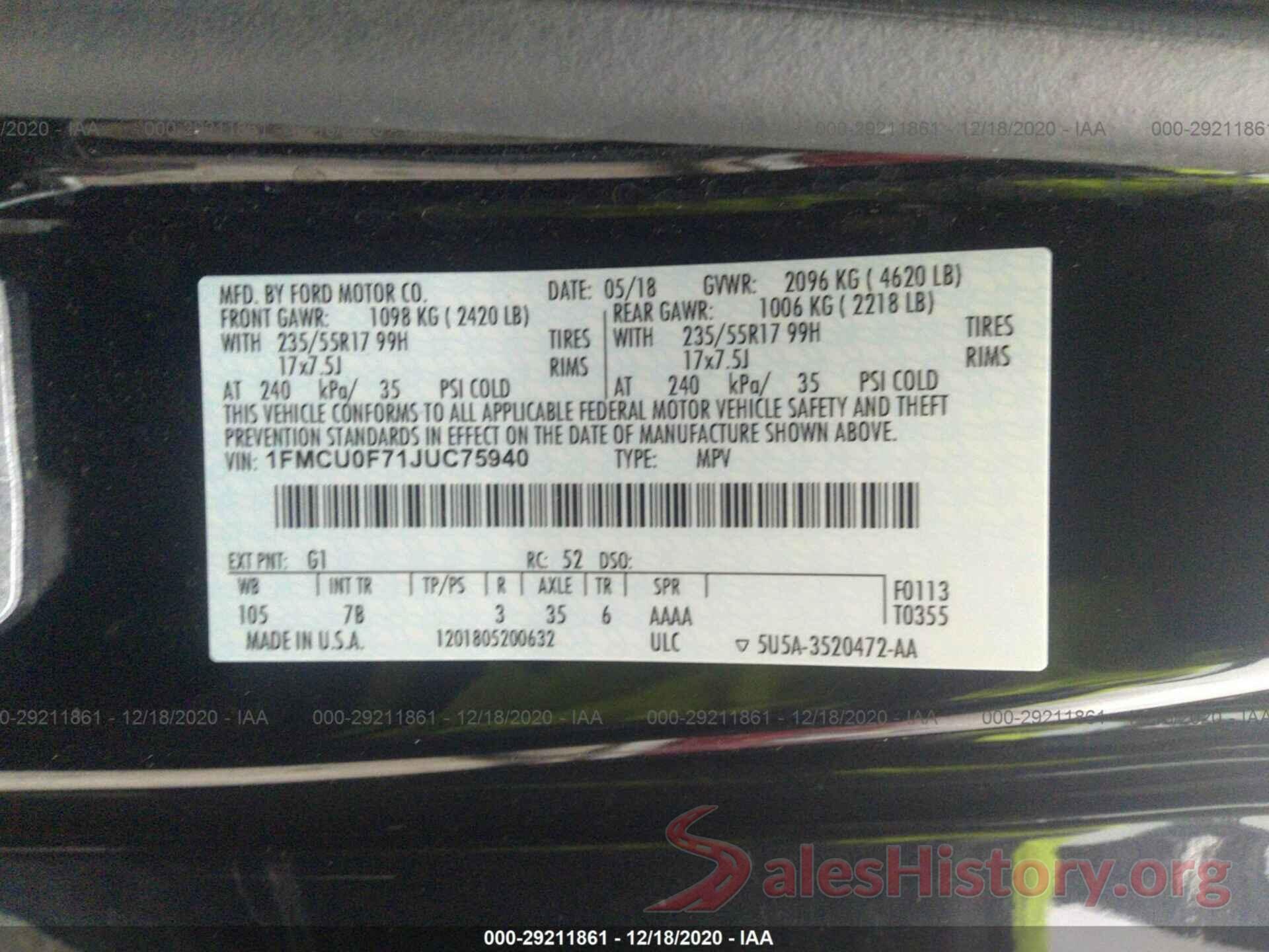 1FMCU0F71JUC75940 2018 FORD ESCAPE