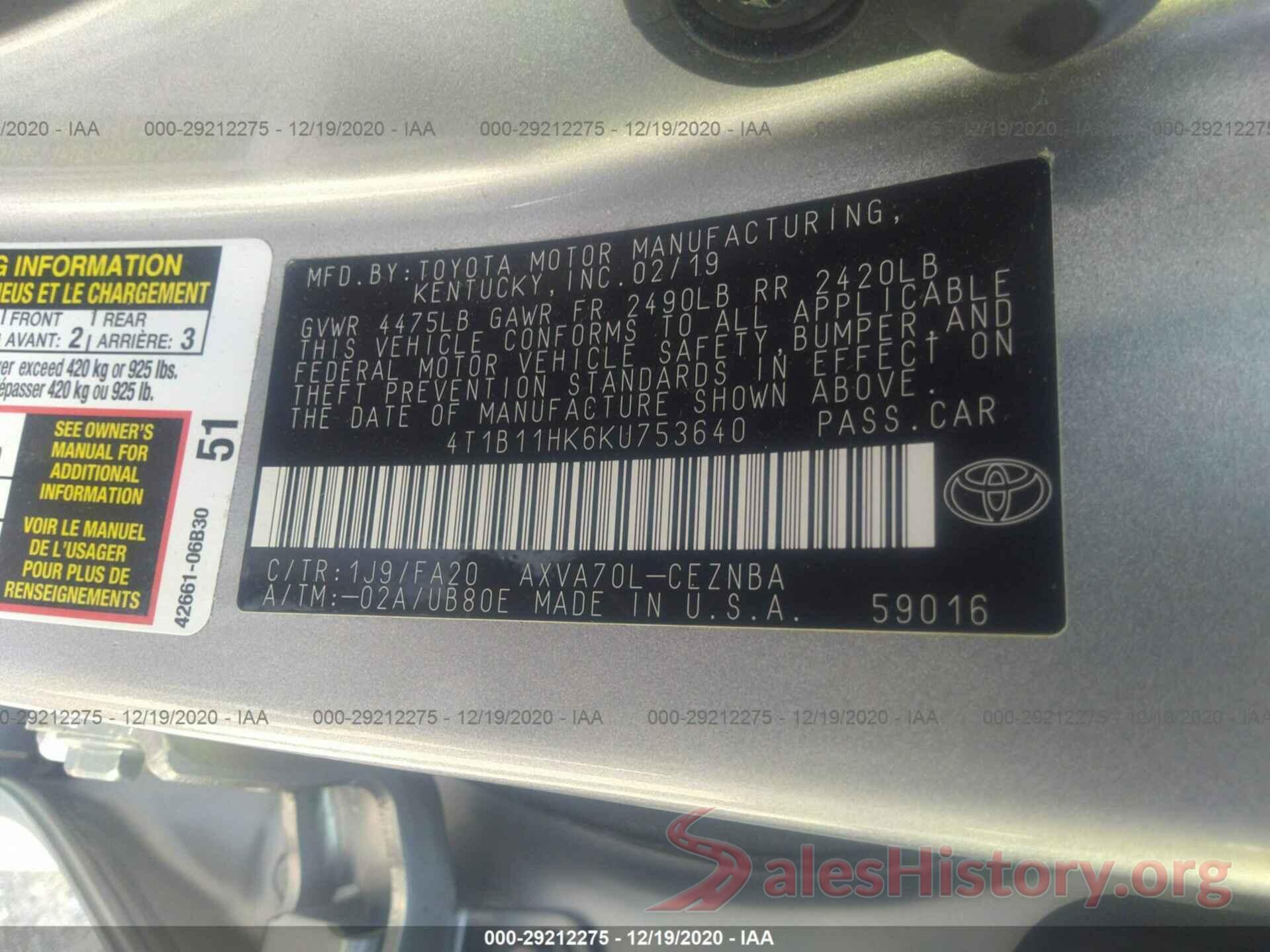 4T1B11HK6KU753640 2019 TOYOTA CAMRY