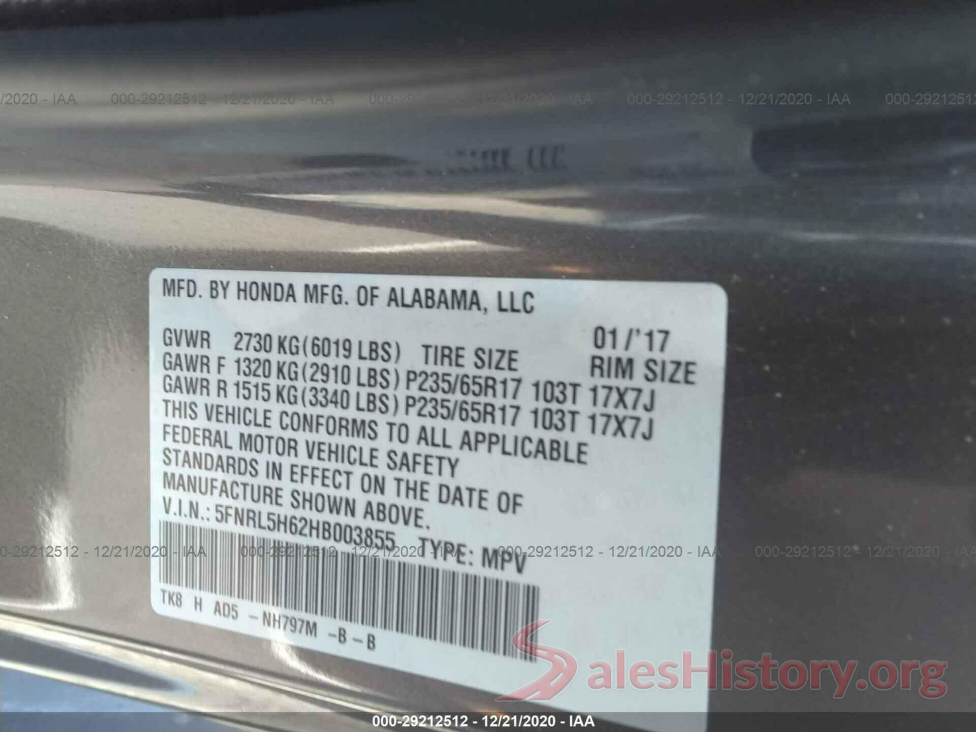 5FNRL5H62HB003855 2017 HONDA ODYSSEY