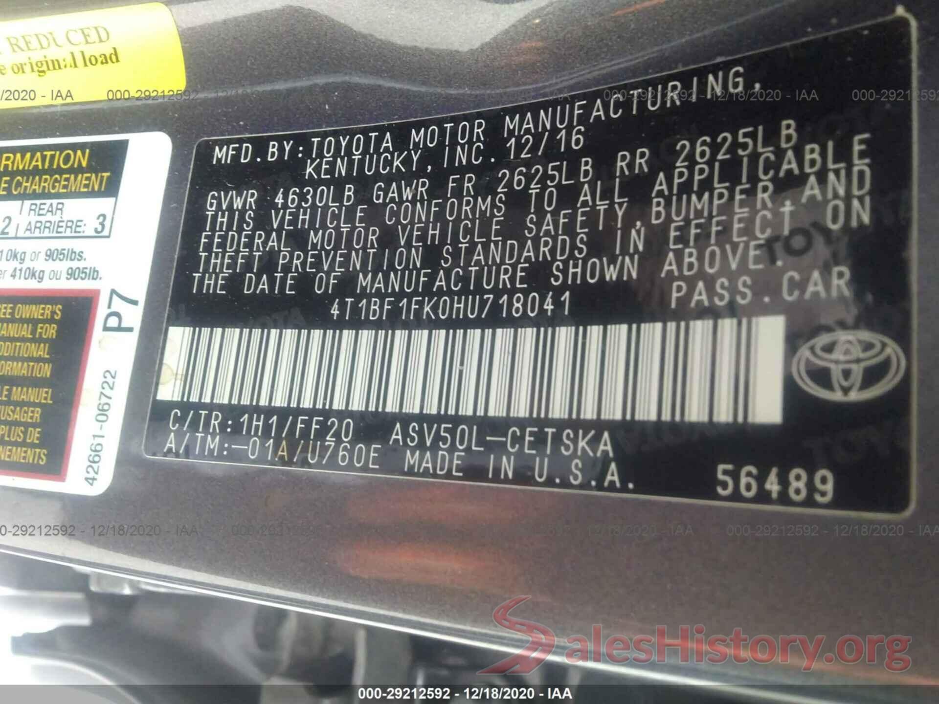 4T1BF1FK0HU718041 2017 TOYOTA CAMRY