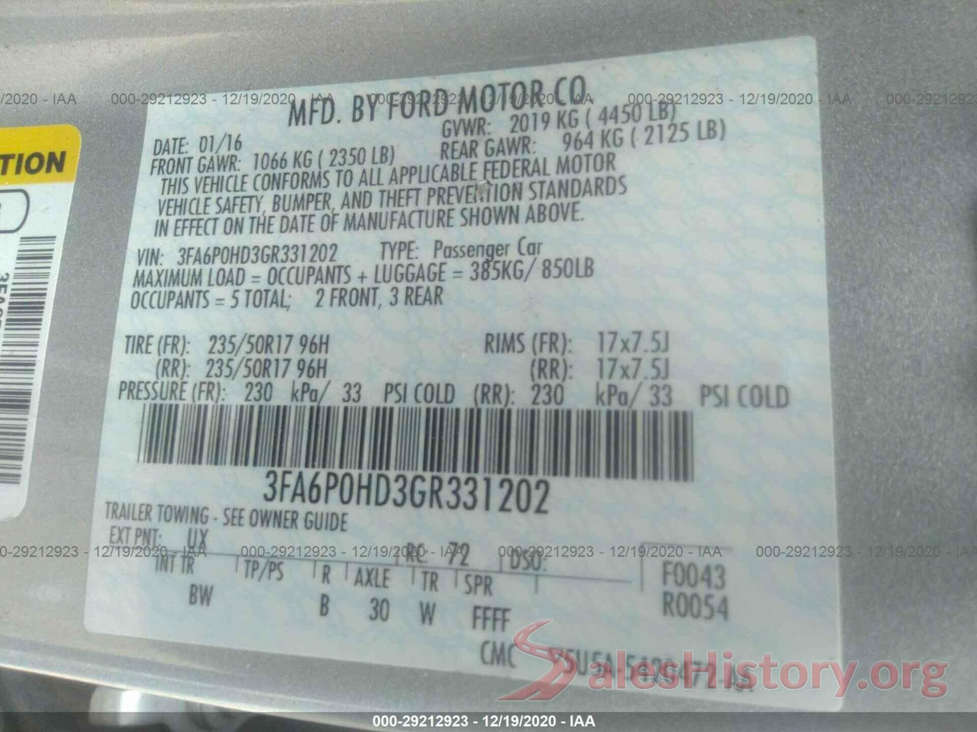 3FA6P0HD3GR331202 2016 FORD FUSION