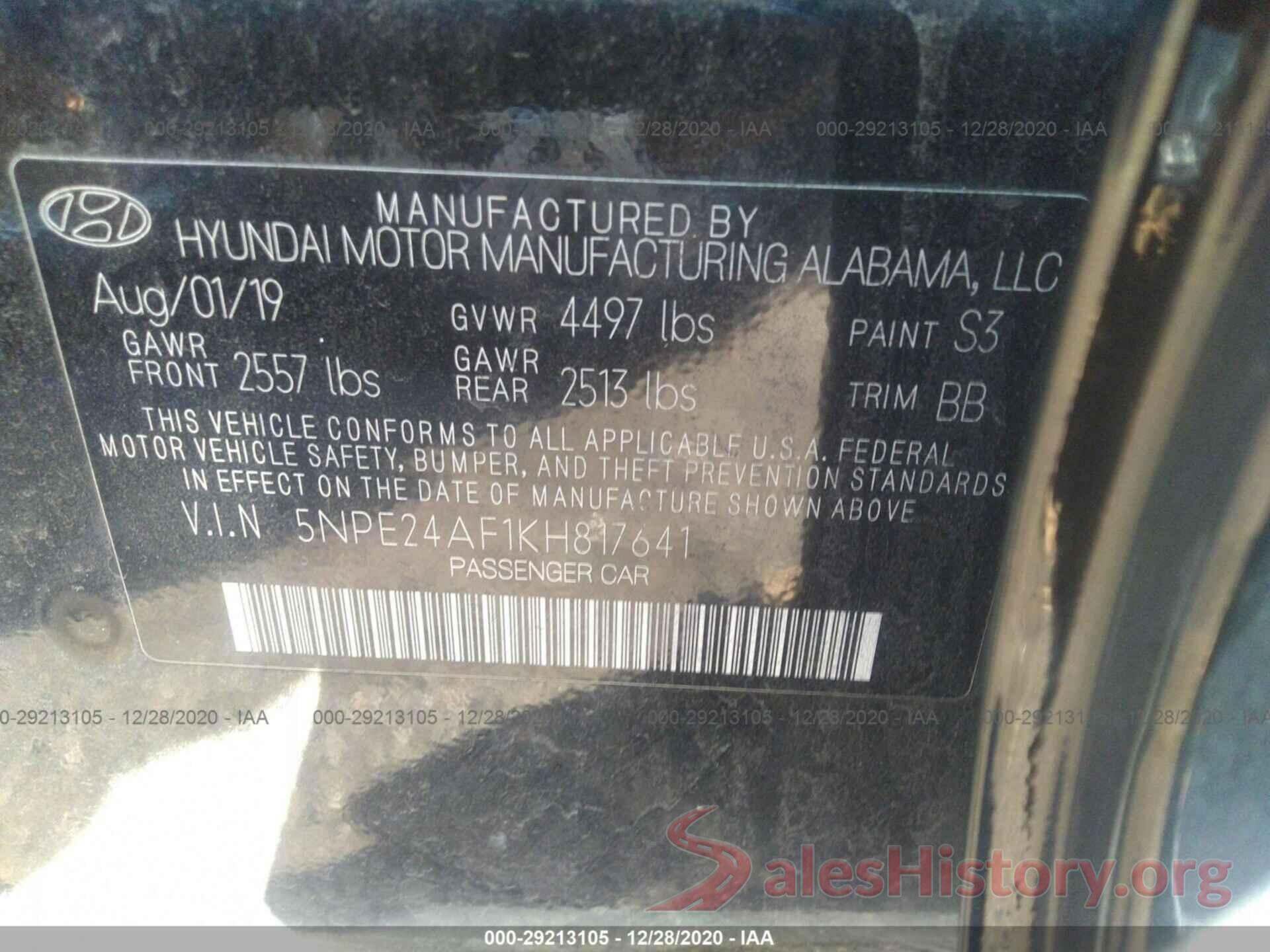 5NPE24AF1KH817641 2019 HYUNDAI SONATA