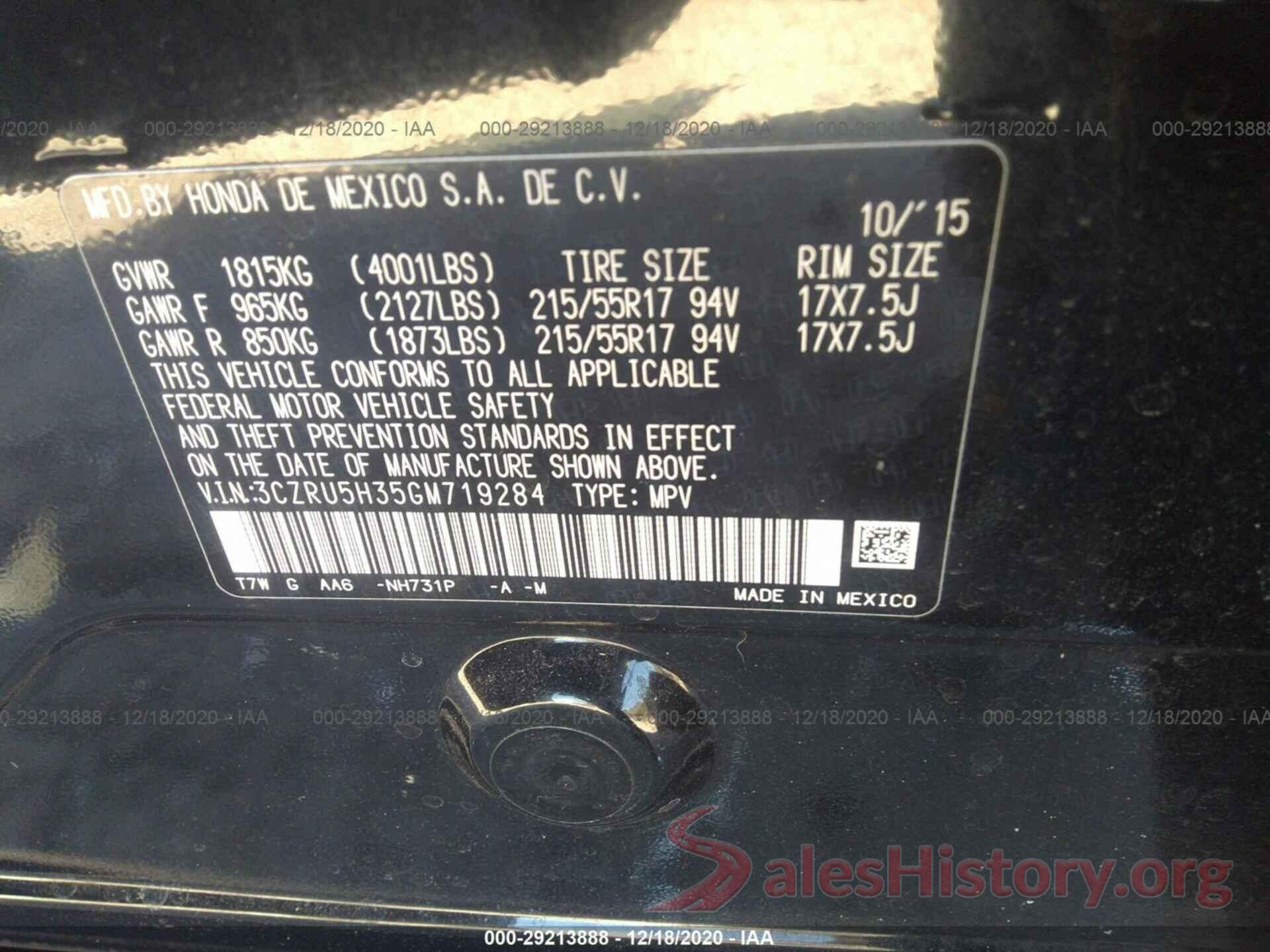 3CZRU5H35GM719284 2016 HONDA HR-V