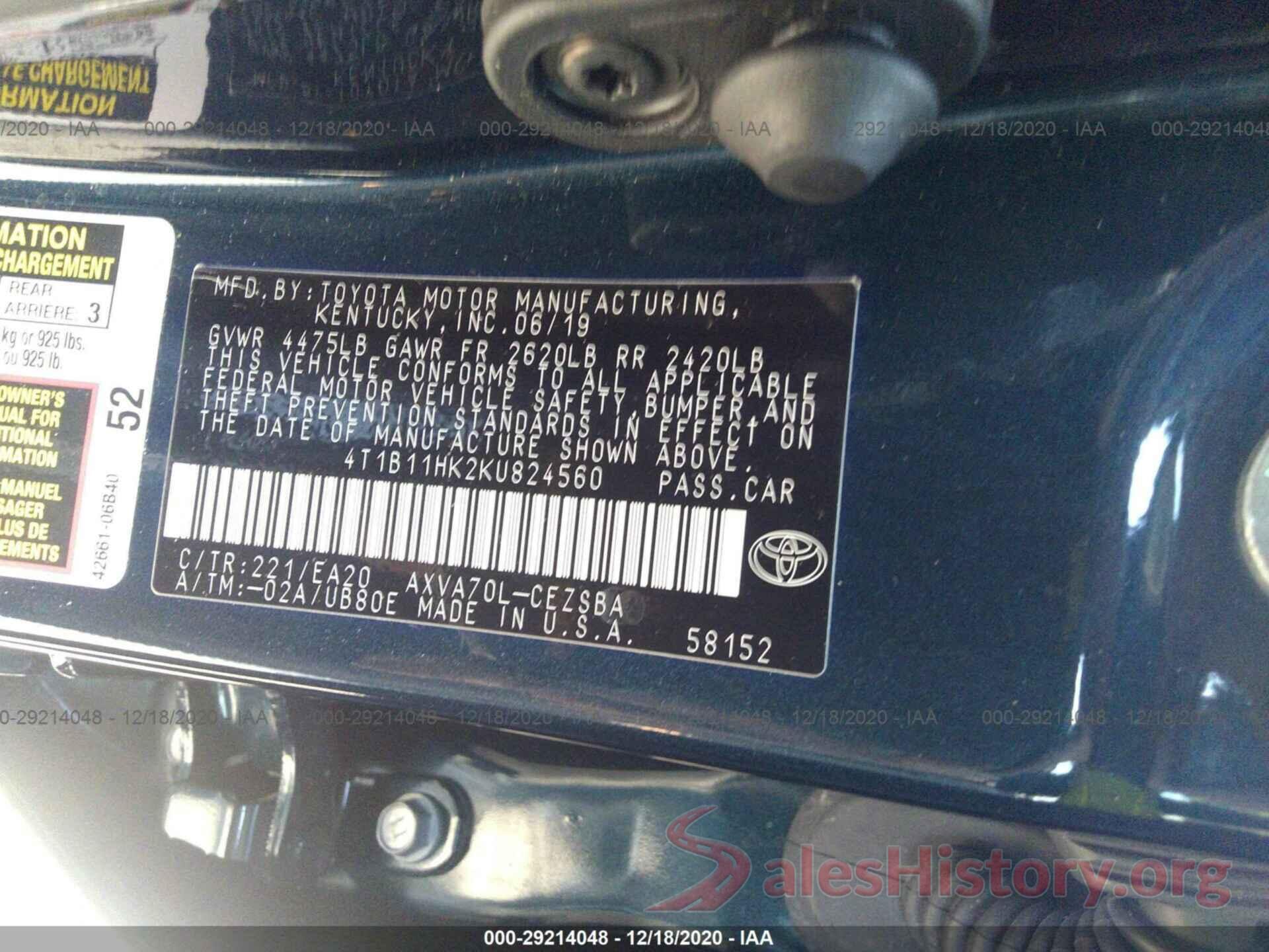 4T1B11HK2KU824560 2019 TOYOTA CAMRY