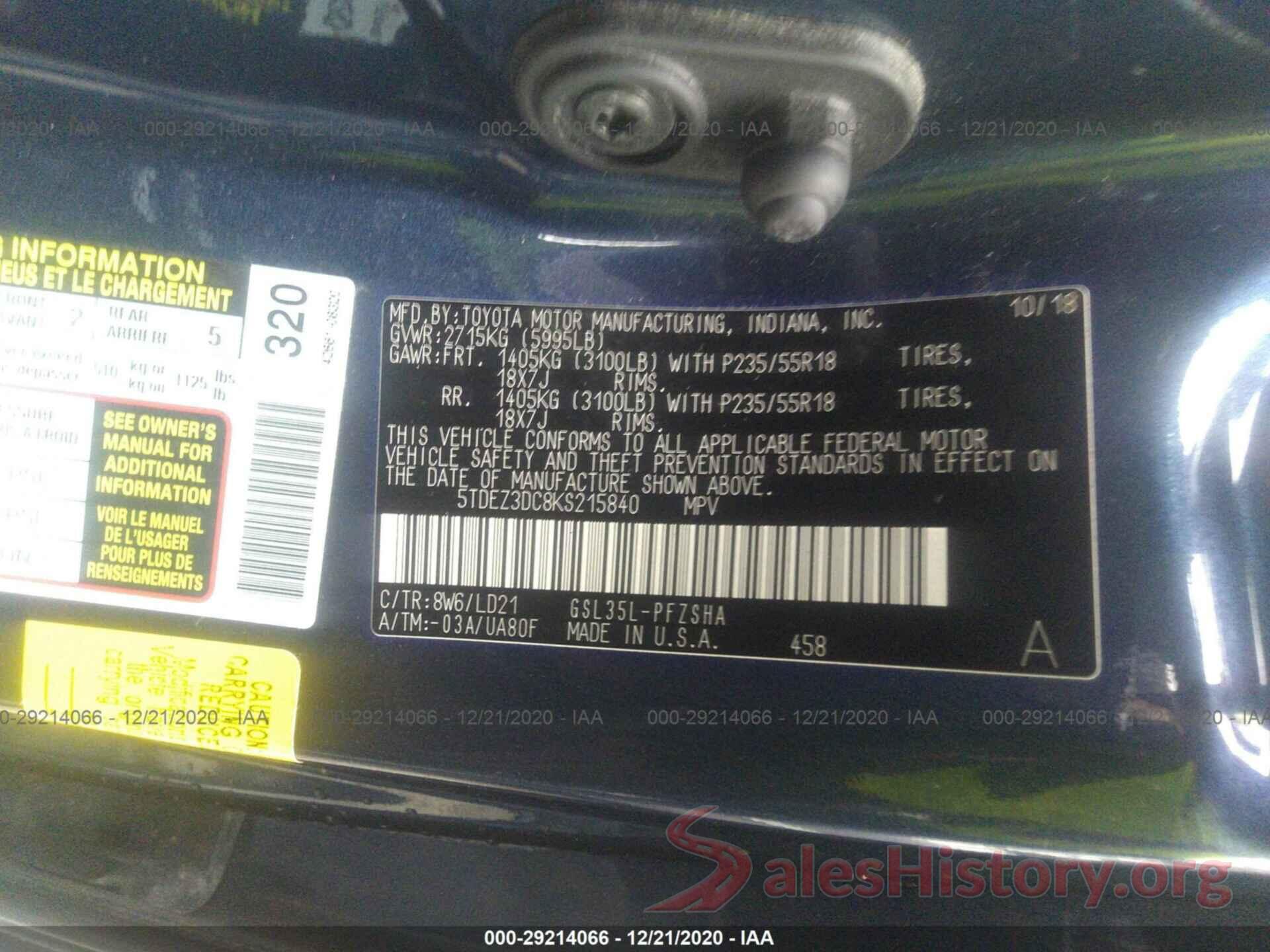 5TDEZ3DC8KS215840 2019 TOYOTA SIENNA