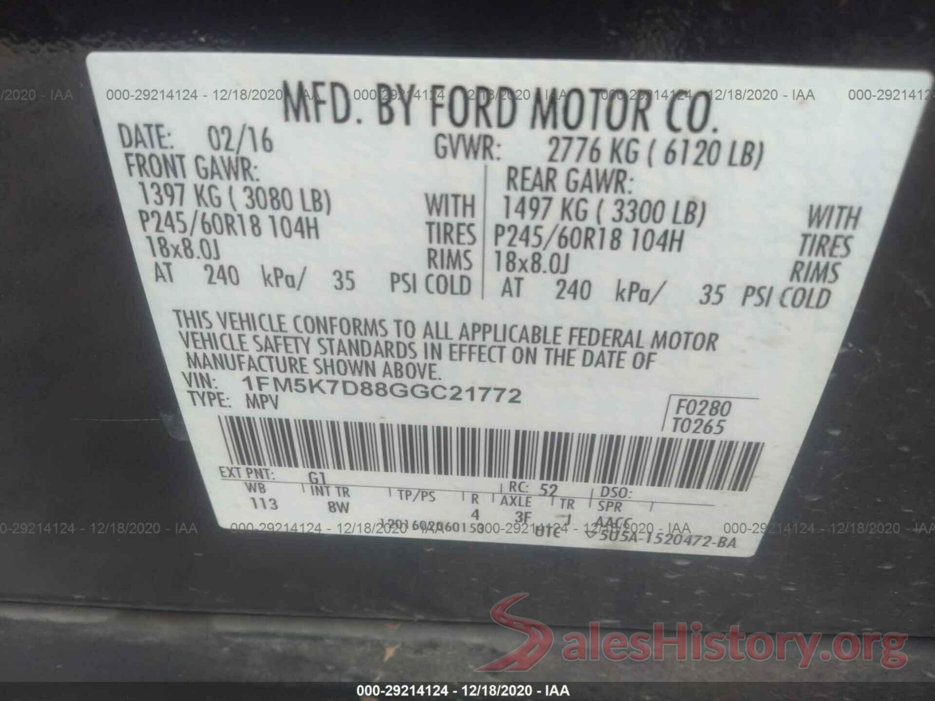 1FM5K7D88GGC21772 2016 FORD EXPLORER