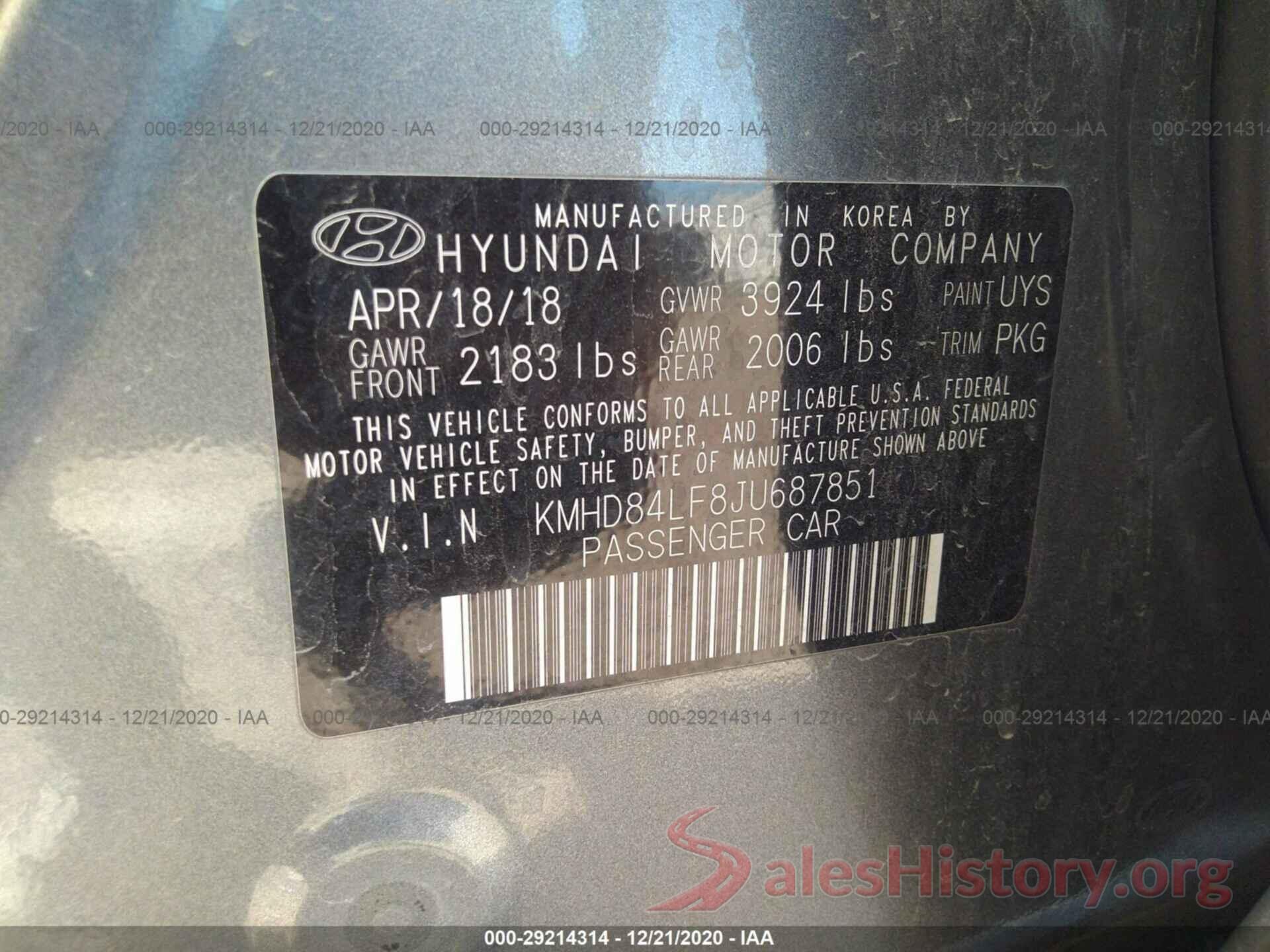 KMHD84LF8JU687851 2018 HYUNDAI ELANTRA