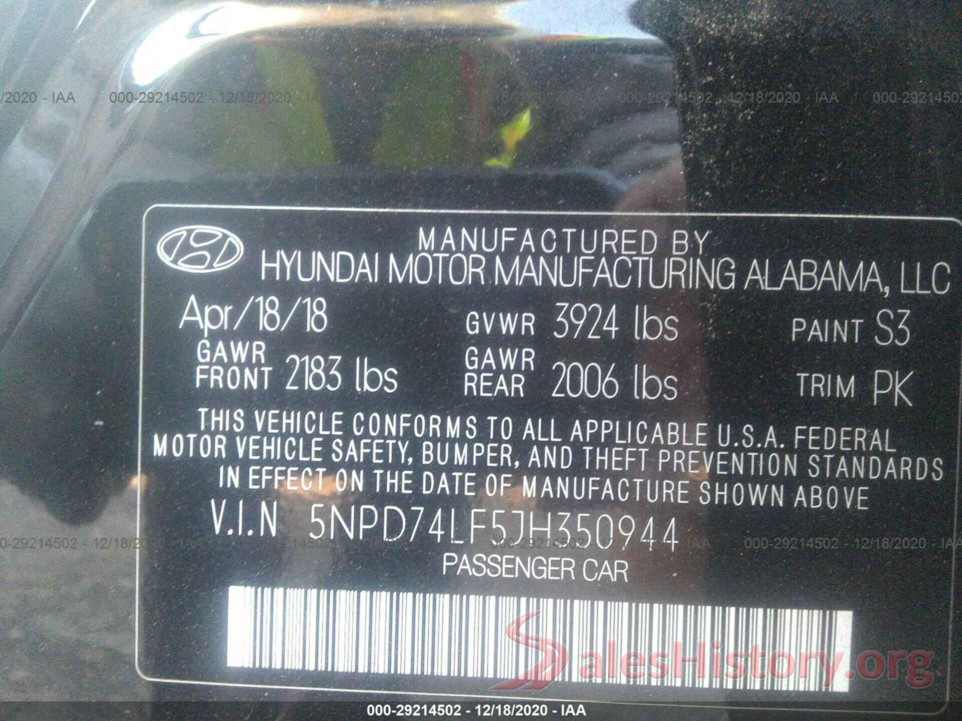 5NPD74LF5JH350944 2018 HYUNDAI ELANTRA