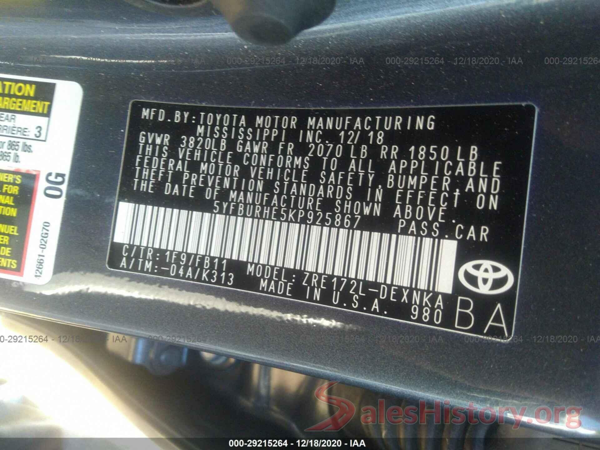 5YFBURHE5KP925867 2019 TOYOTA COROLLA