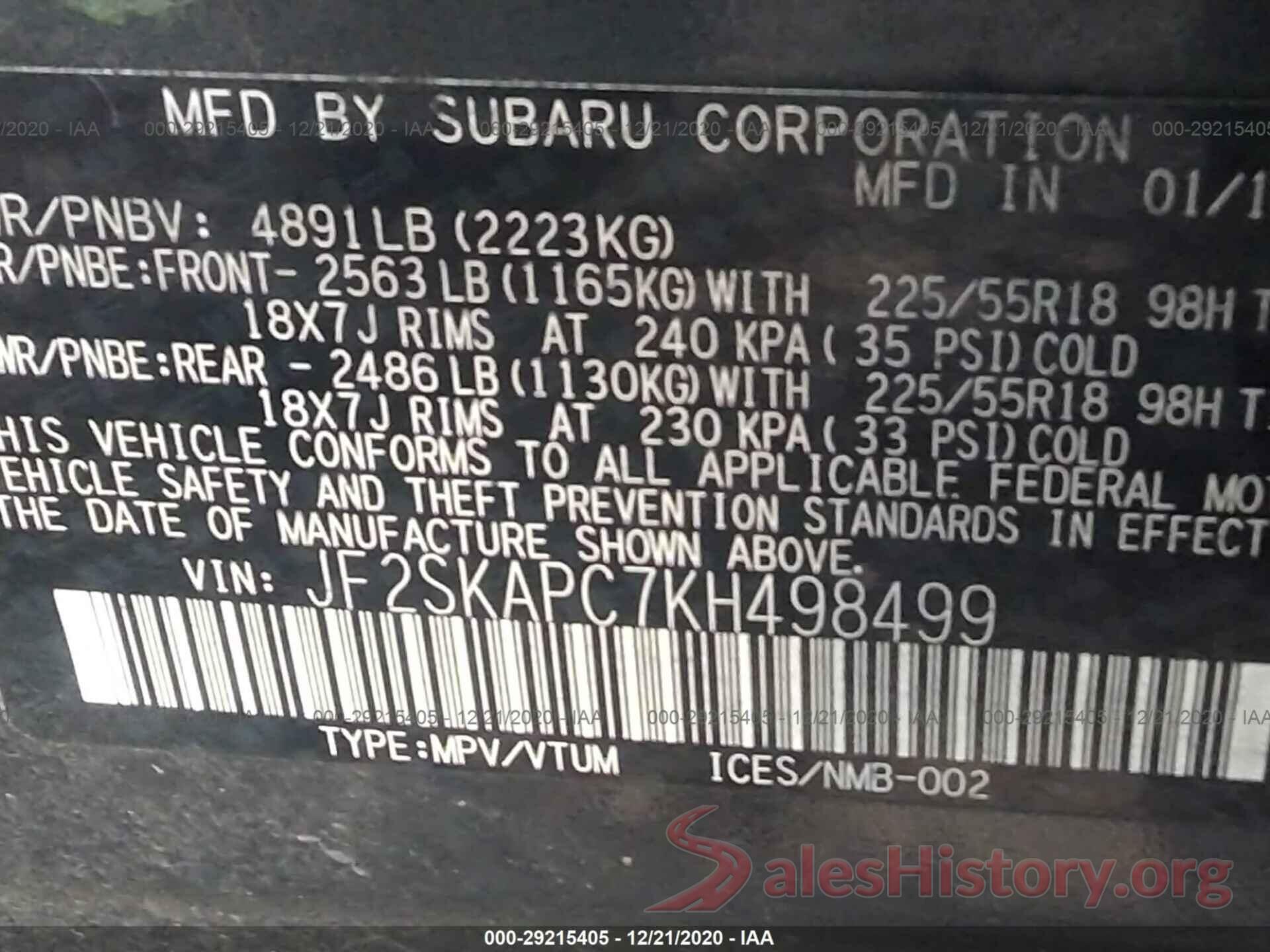 JF2SKAPC7KH498499 2019 SUBARU FORESTER