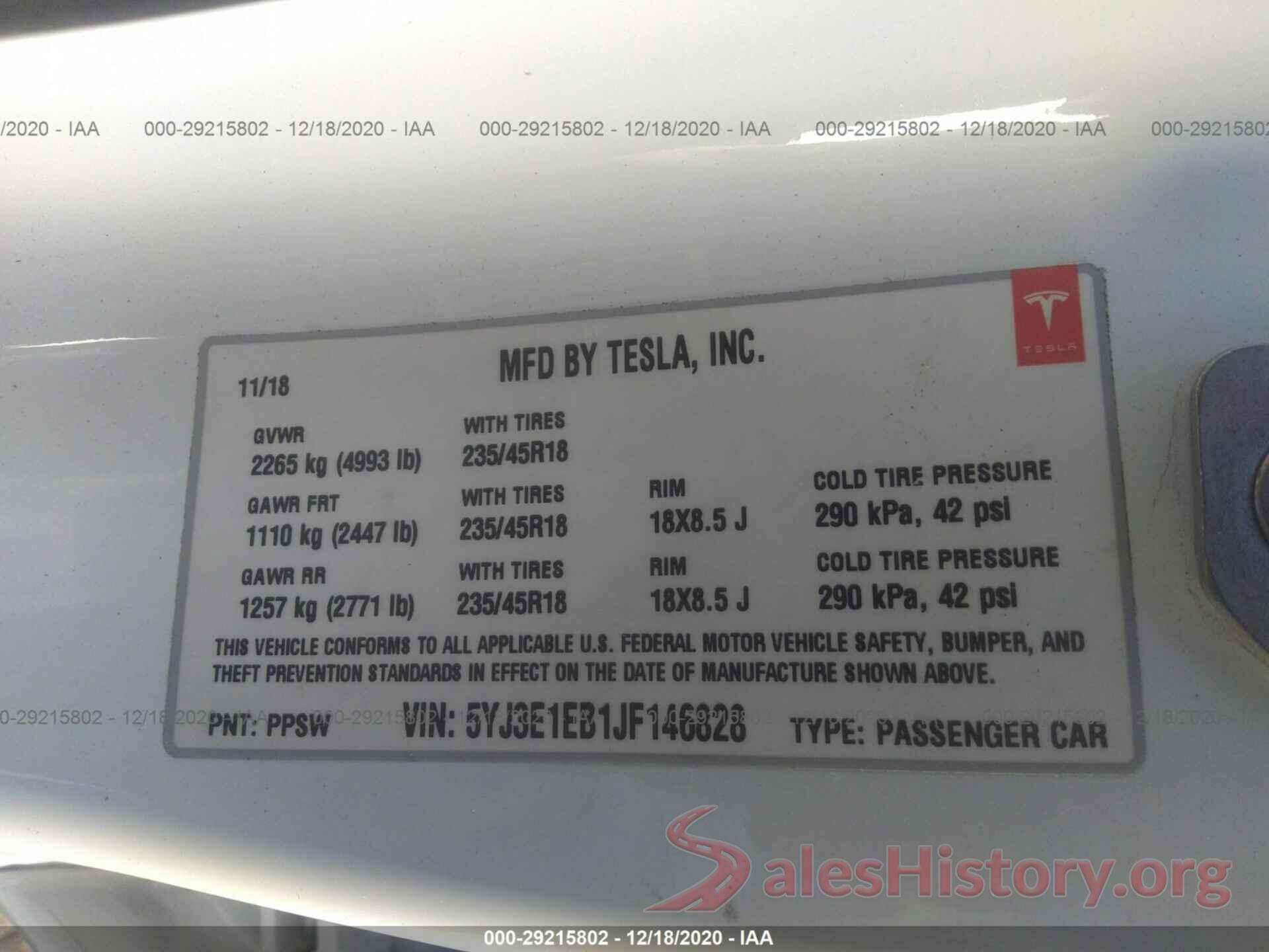 5YJ3E1EB1JF146828 2018 TESLA MODEL 3