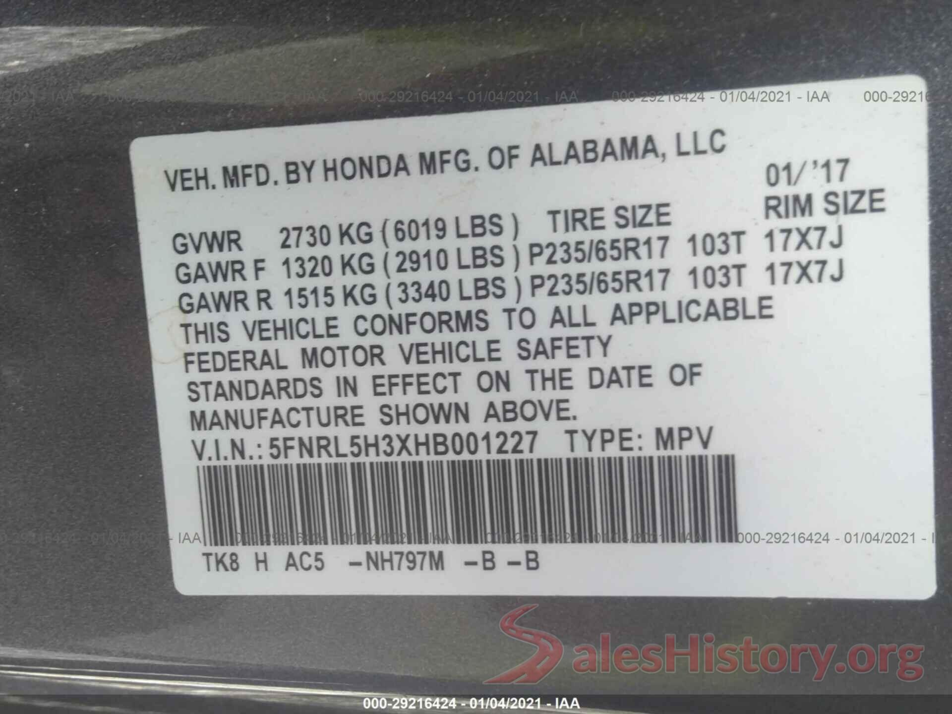 5FNRL5H3XHB001227 2017 HONDA ODYSSEY