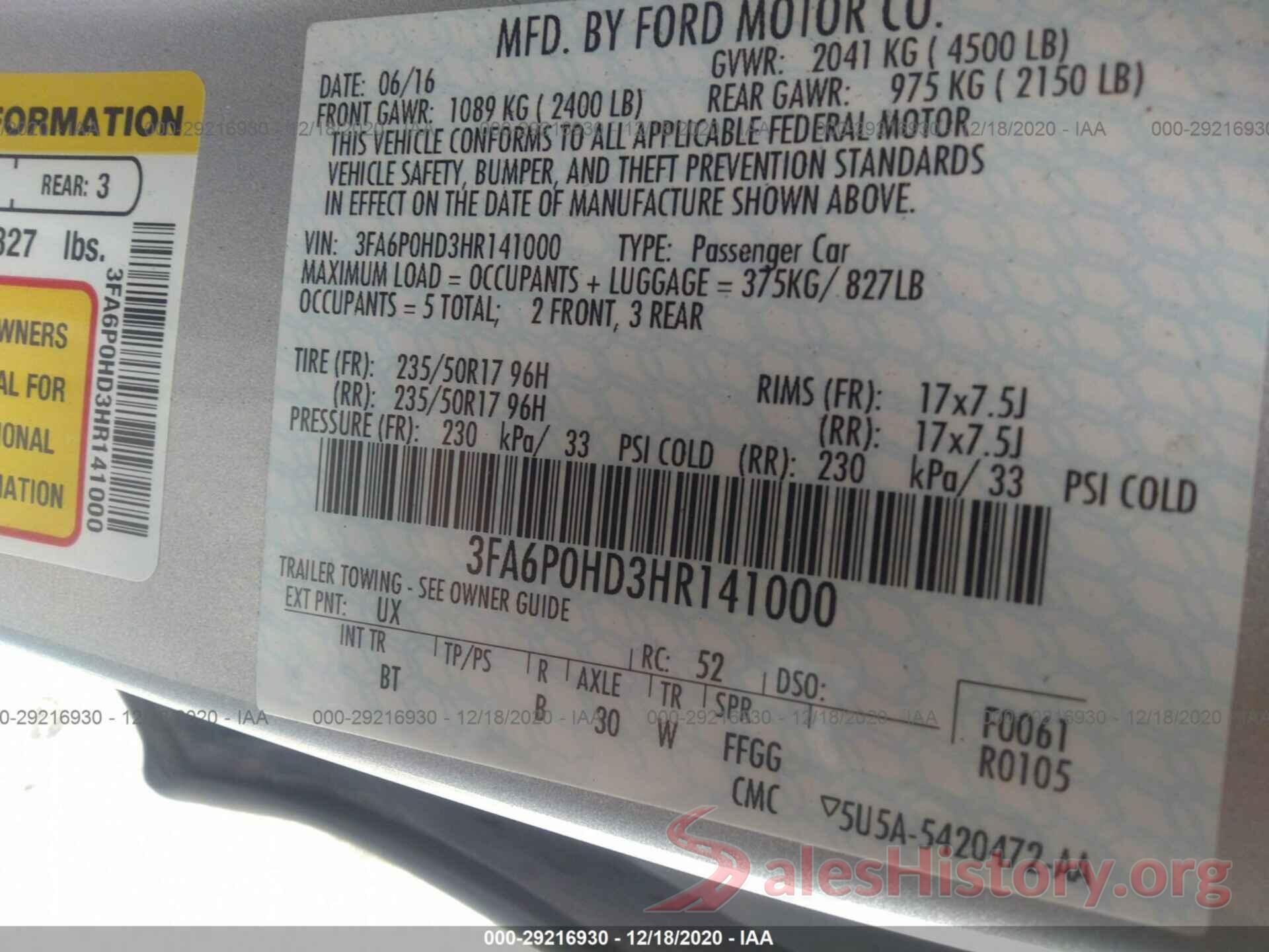 3FA6P0HD3HR141000 2017 FORD FUSION