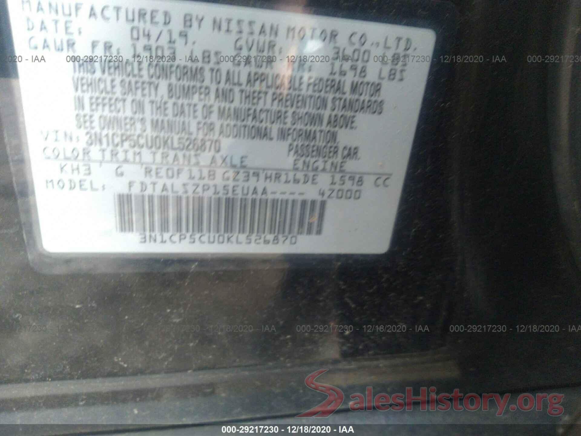 3N1CP5CU0KL526870 2019 NISSAN KICKS