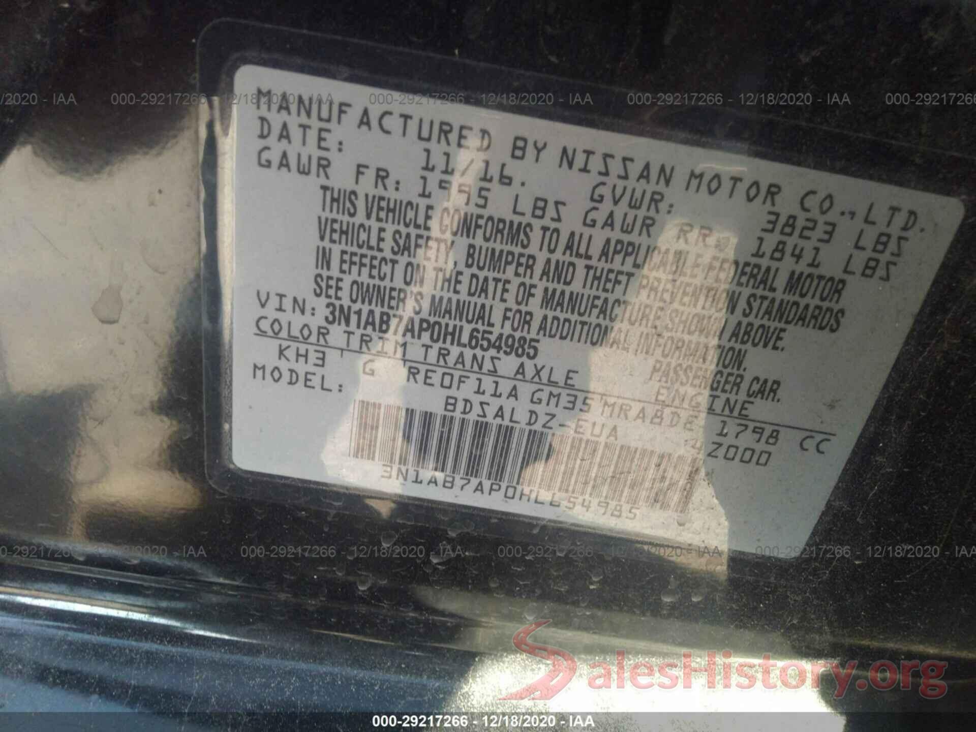 3N1AB7AP0HL654985 2017 NISSAN SENTRA