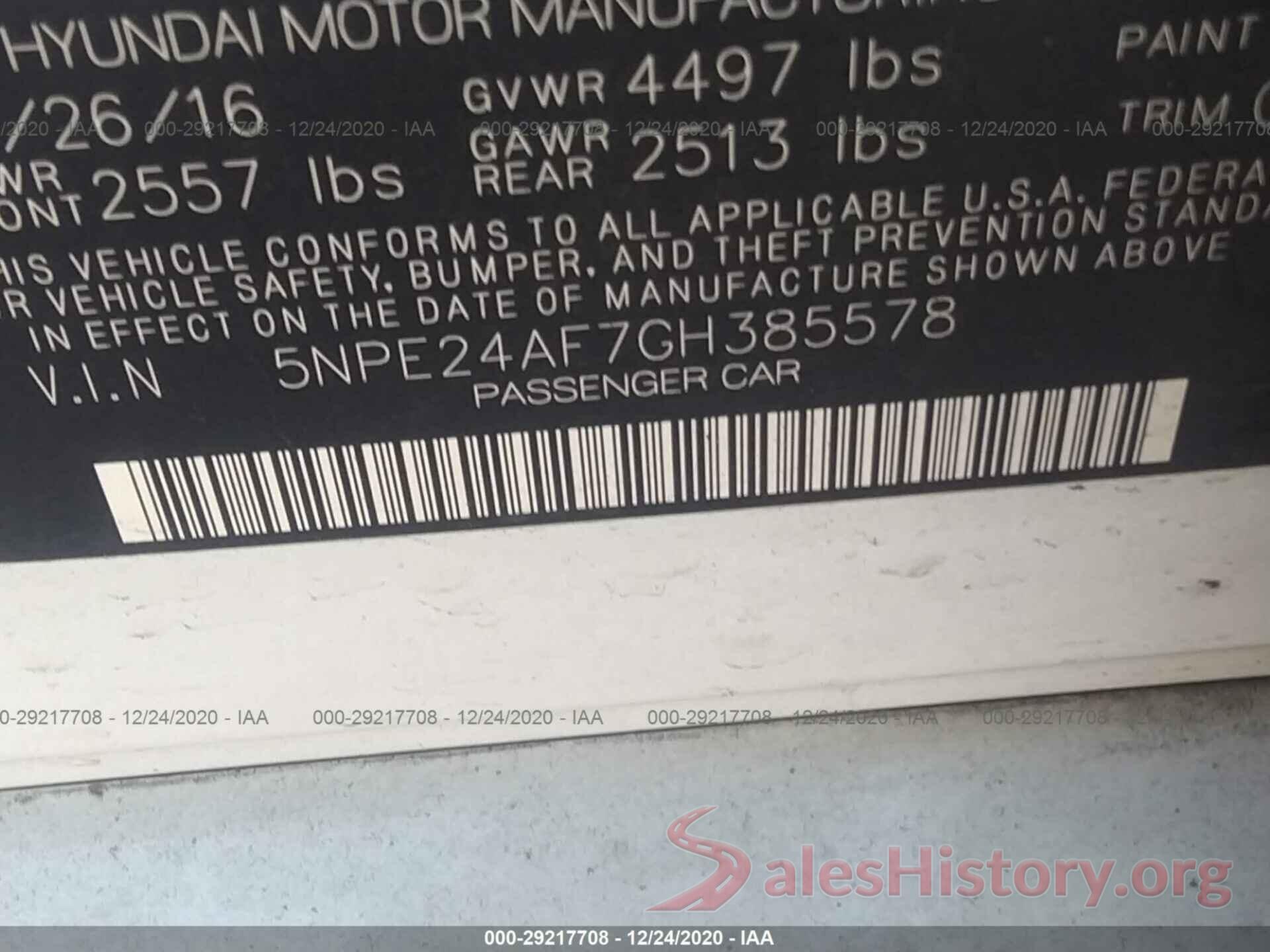 5NPE24AF7GH385578 2016 HYUNDAI SONATA