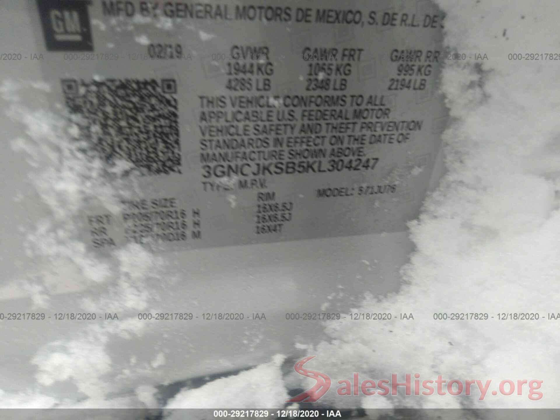 3GNCJKSB5KL304247 2019 CHEVROLET TRAX