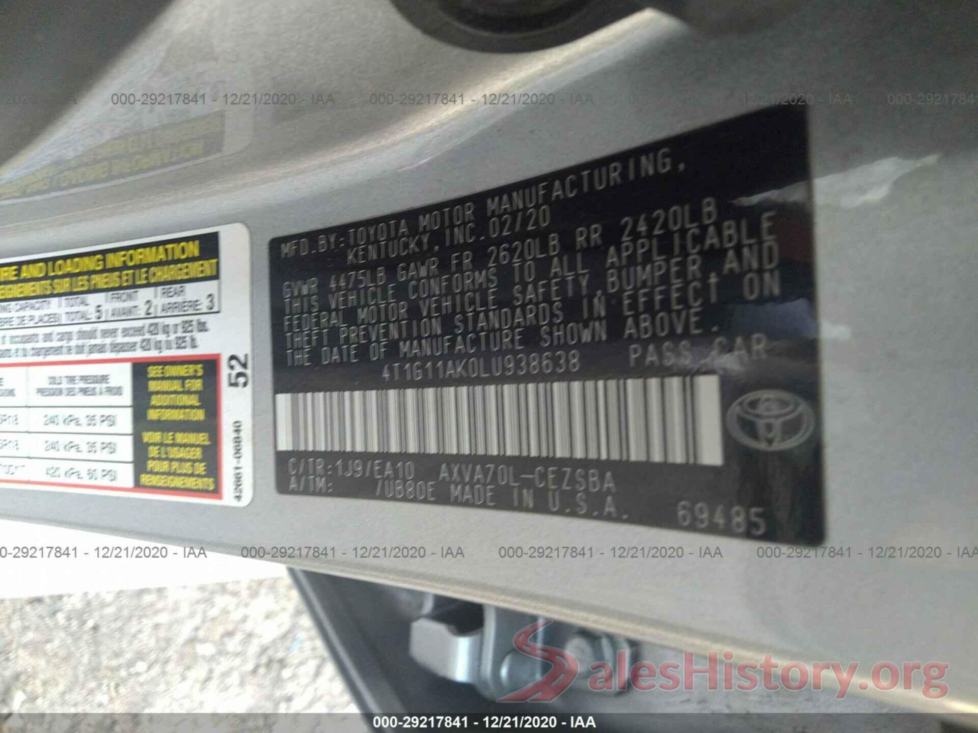 4T1G11AK0LU938638 2020 TOYOTA CAMRY