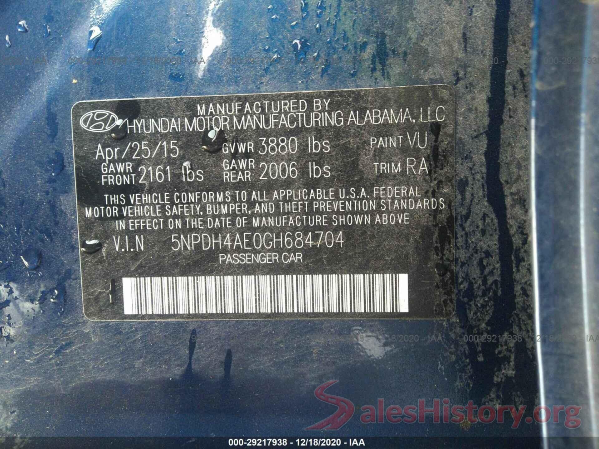 5NPDH4AE0GH684704 2016 HYUNDAI ELANTRA