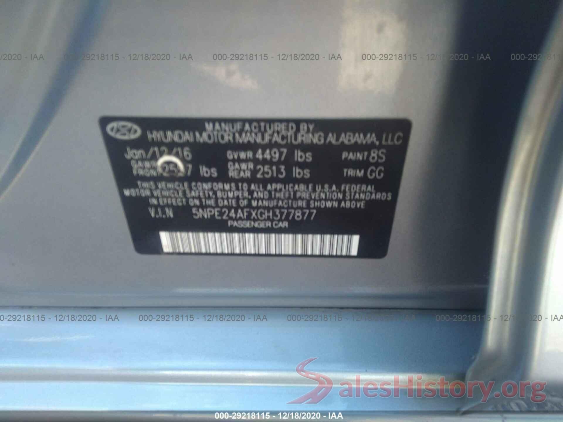 5NPE24AFXGH377877 2016 HYUNDAI SONATA